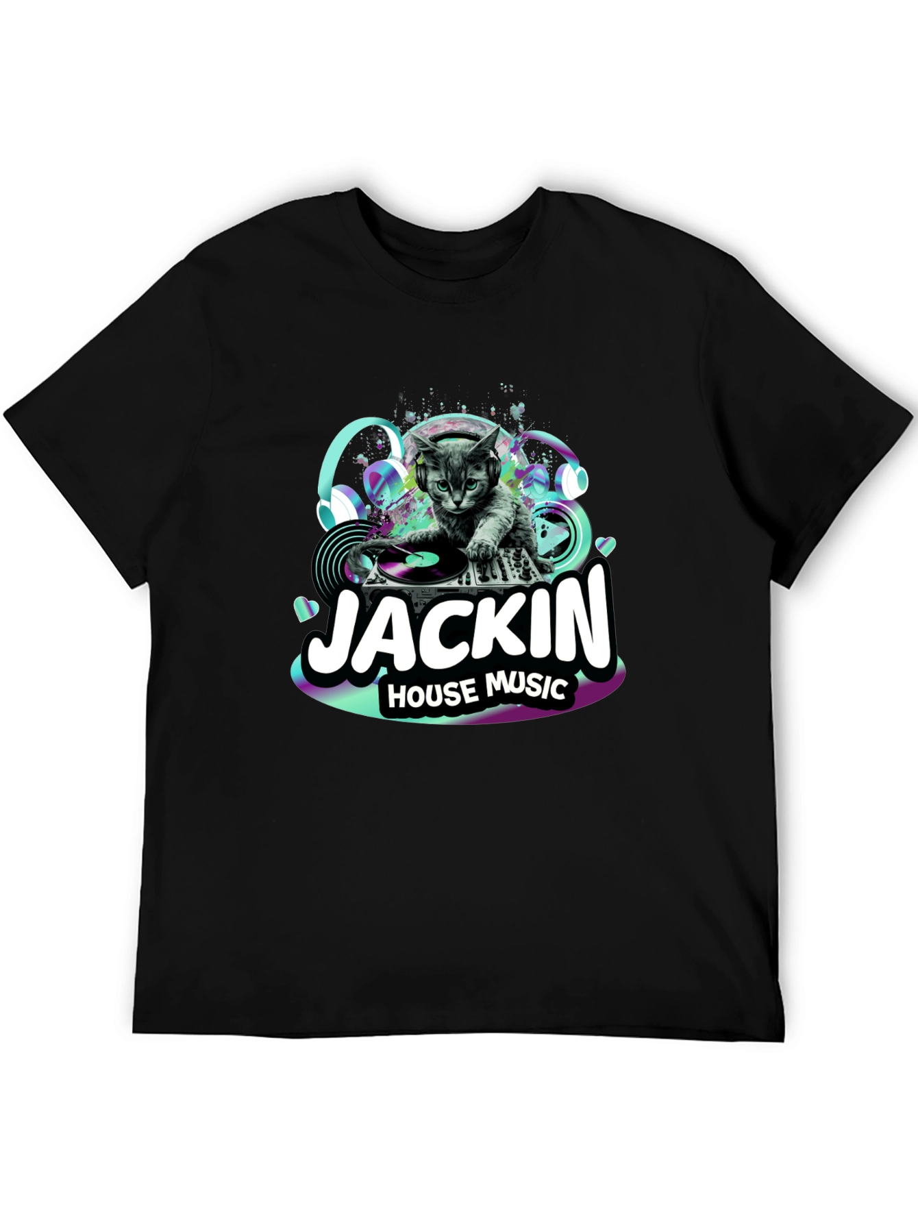 Black DJ Cat T-Shirt - "Jackin' House Music" view 5