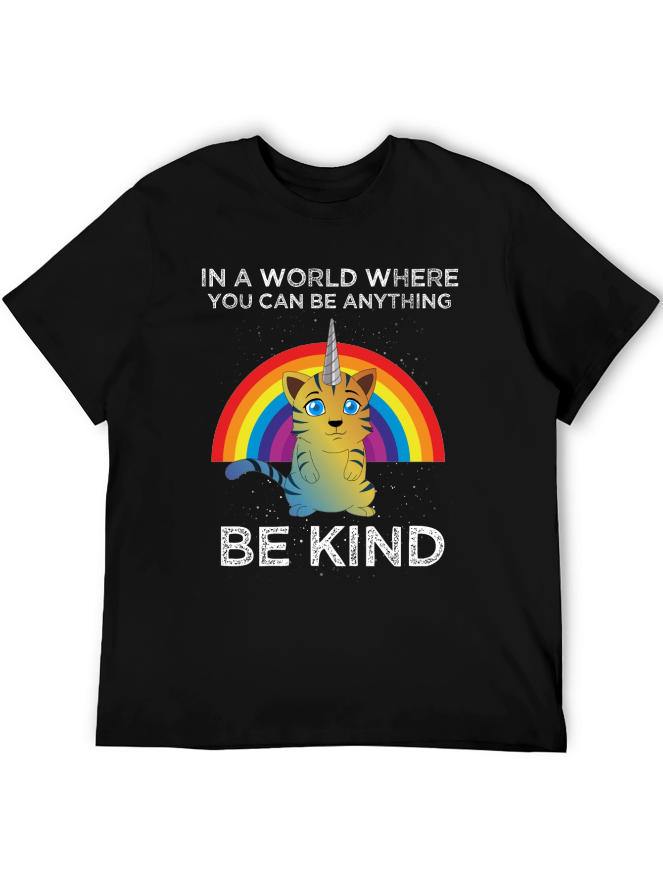 Black Unicorn Cat Rainbow T-Shirt - Be Kind view 5