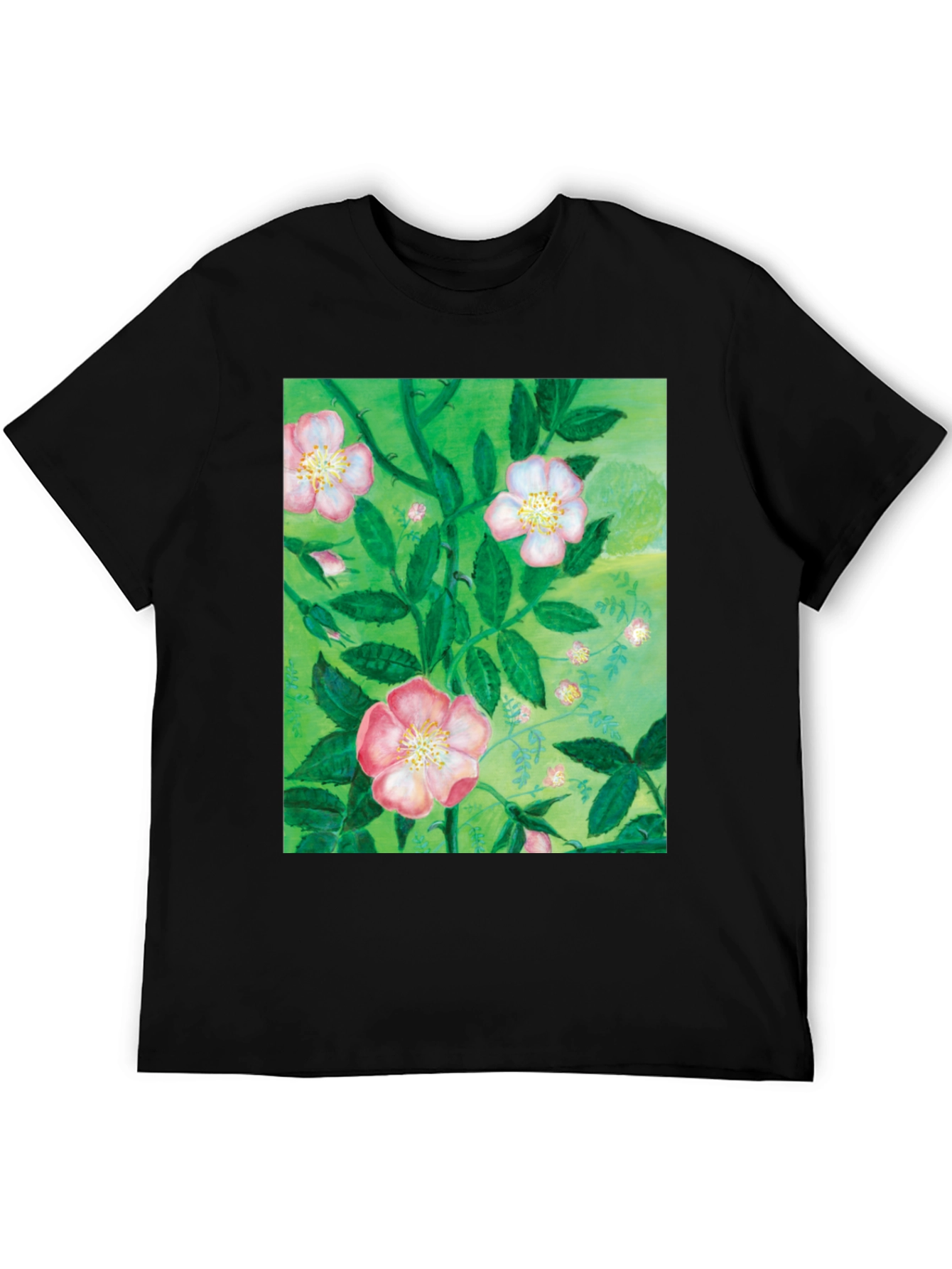Black Floral Print T-Shirt - Artistic Botanical Design view 5