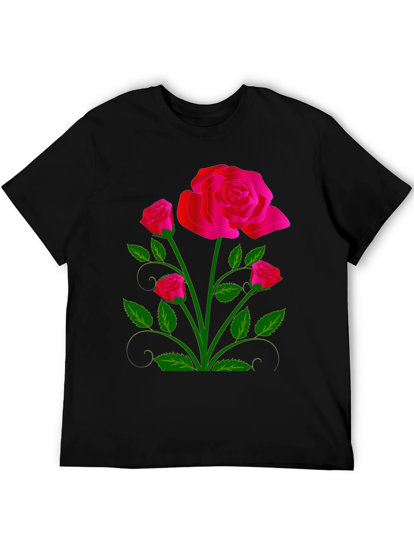 Black Black T-Shirt with Vivid Floral Rose Design view 5