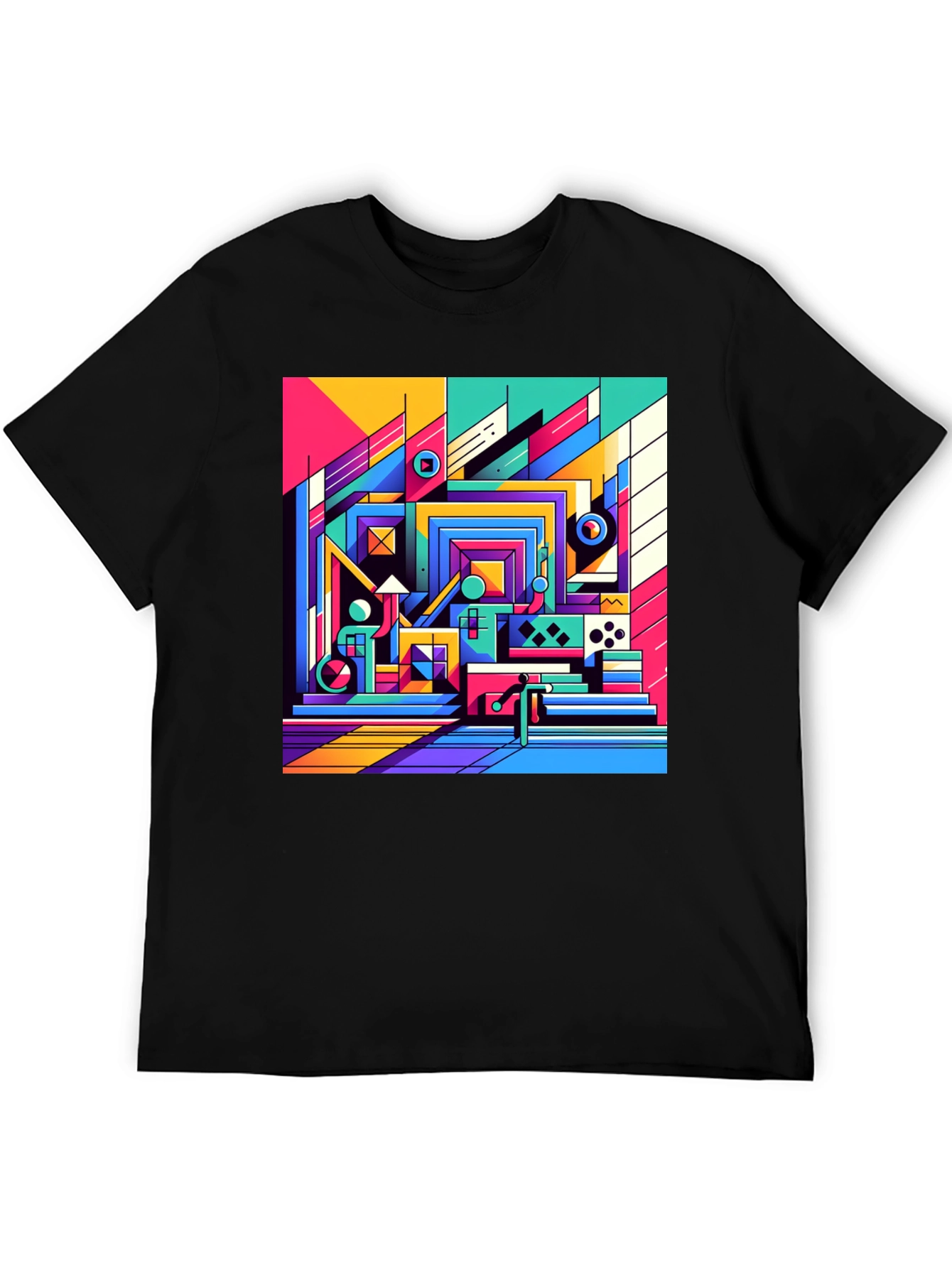 Black Retro Geometric Art T-Shirt - Bold Colorful Design view 5