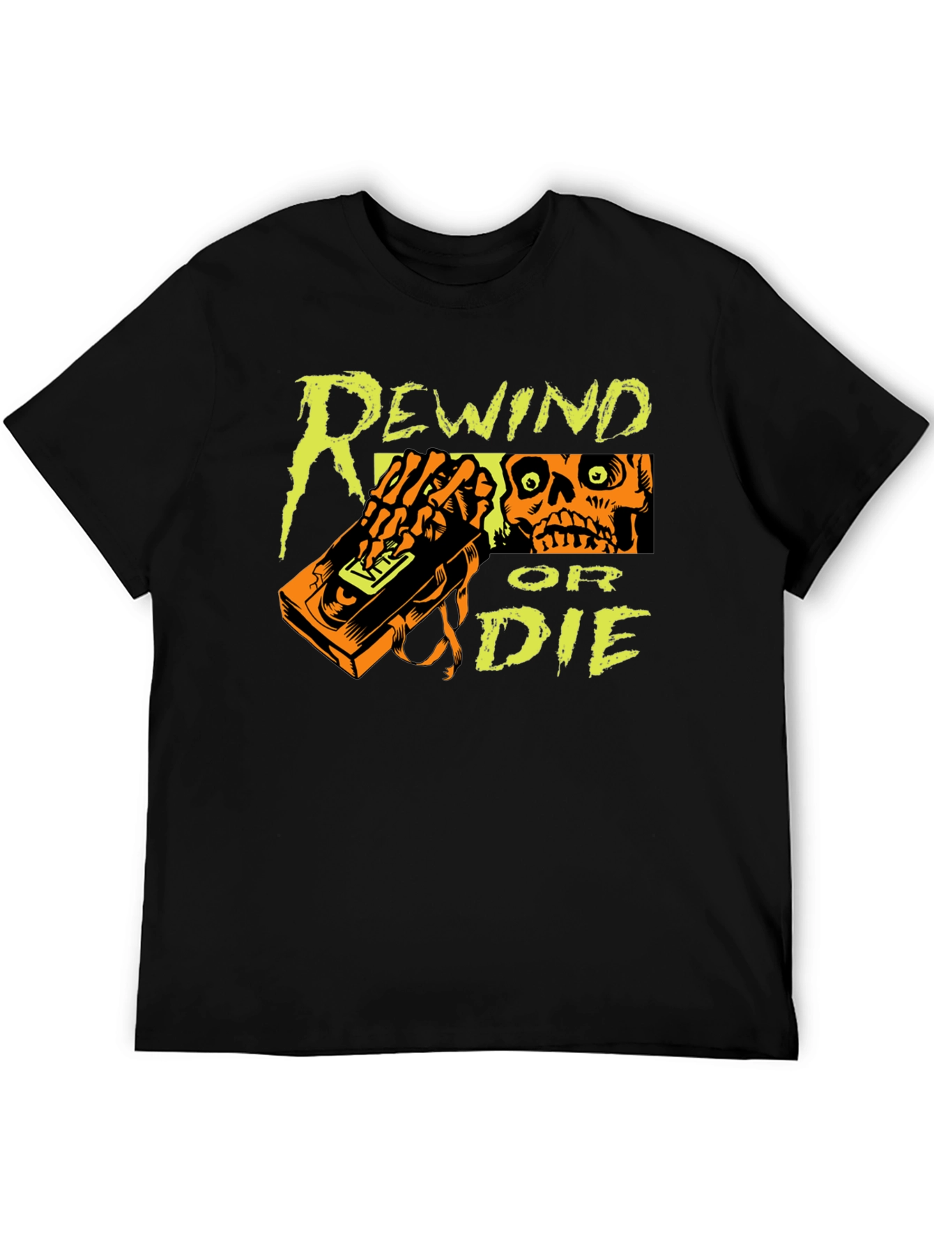 Black Rewind or Die Graphic Tee - VHS Tape Skull T-Shirt view 5