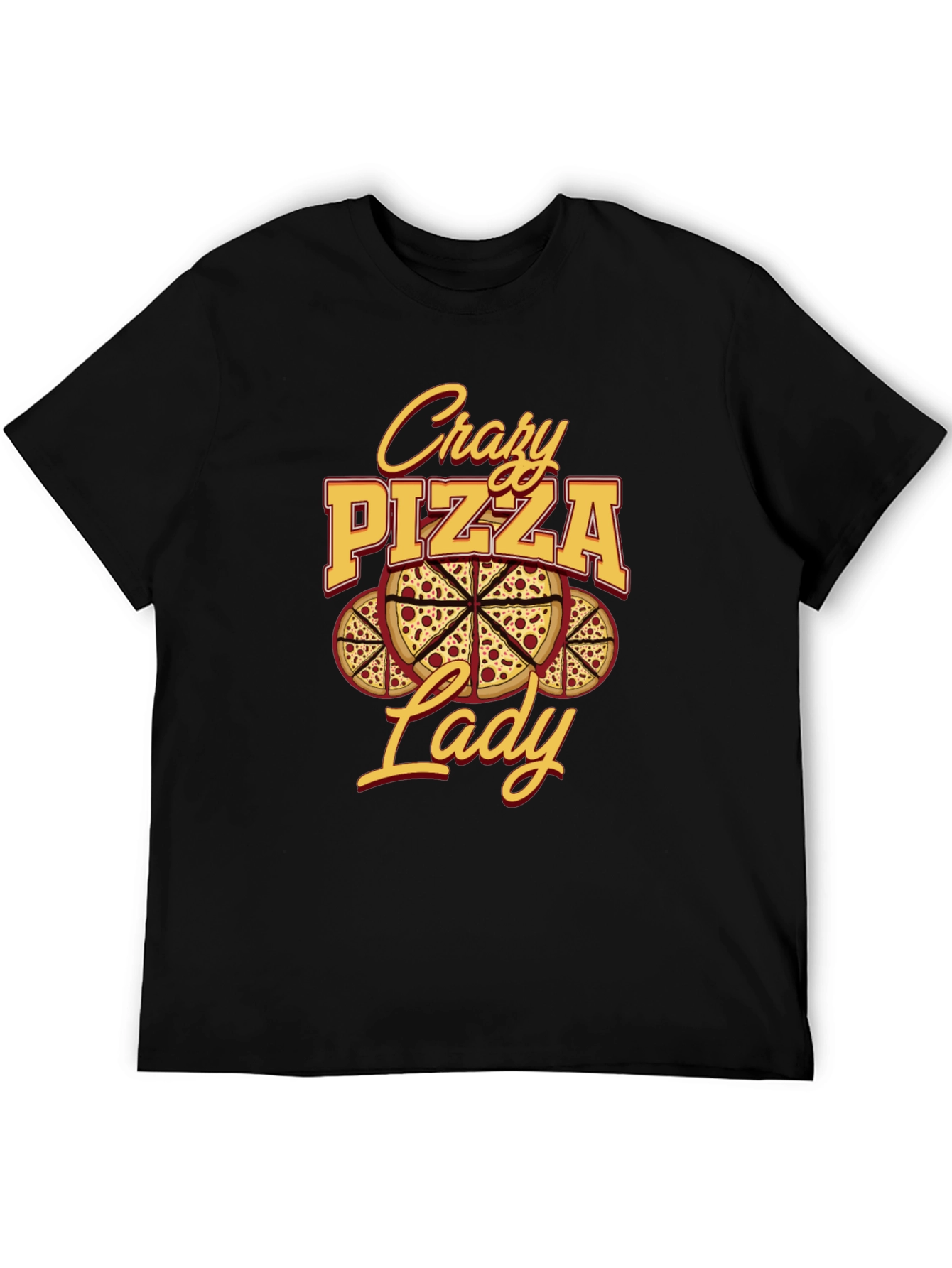 Black Crazy Pizza Lady Graphic Tee - Unisex Black T-Shirt view 5
