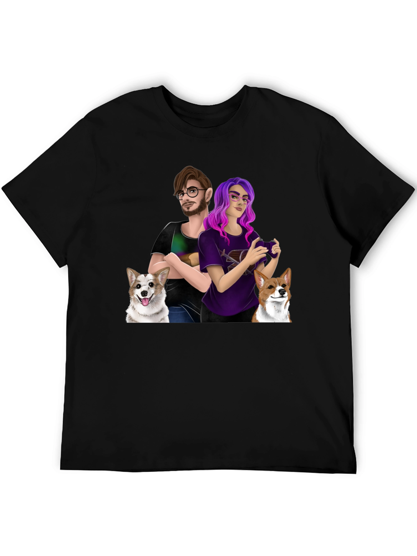Custom Cartoon Couple & Dogs T-Shirt - 5
