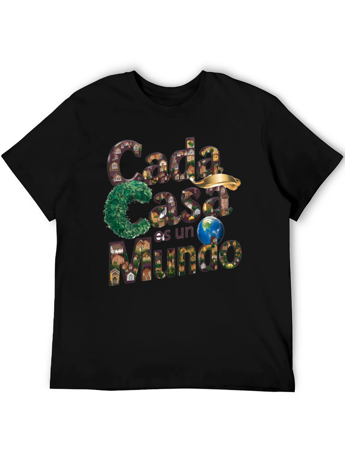 Black Unique Graphic T-Shirt - "Cada Casa es un Mundo" Design view 5