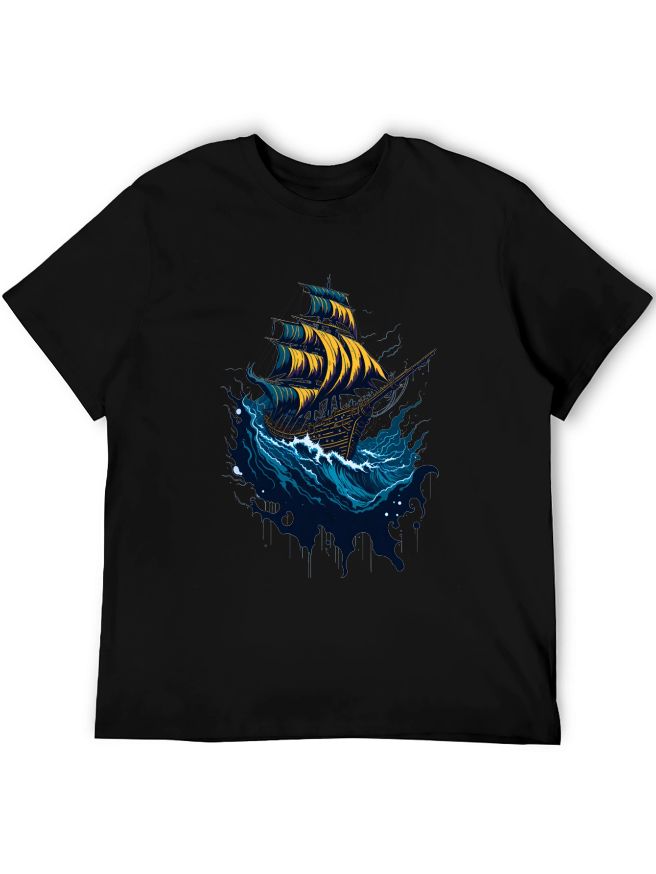 Black Nautical Ship Graphic Tee - Black Cotton T-Shirt view 5