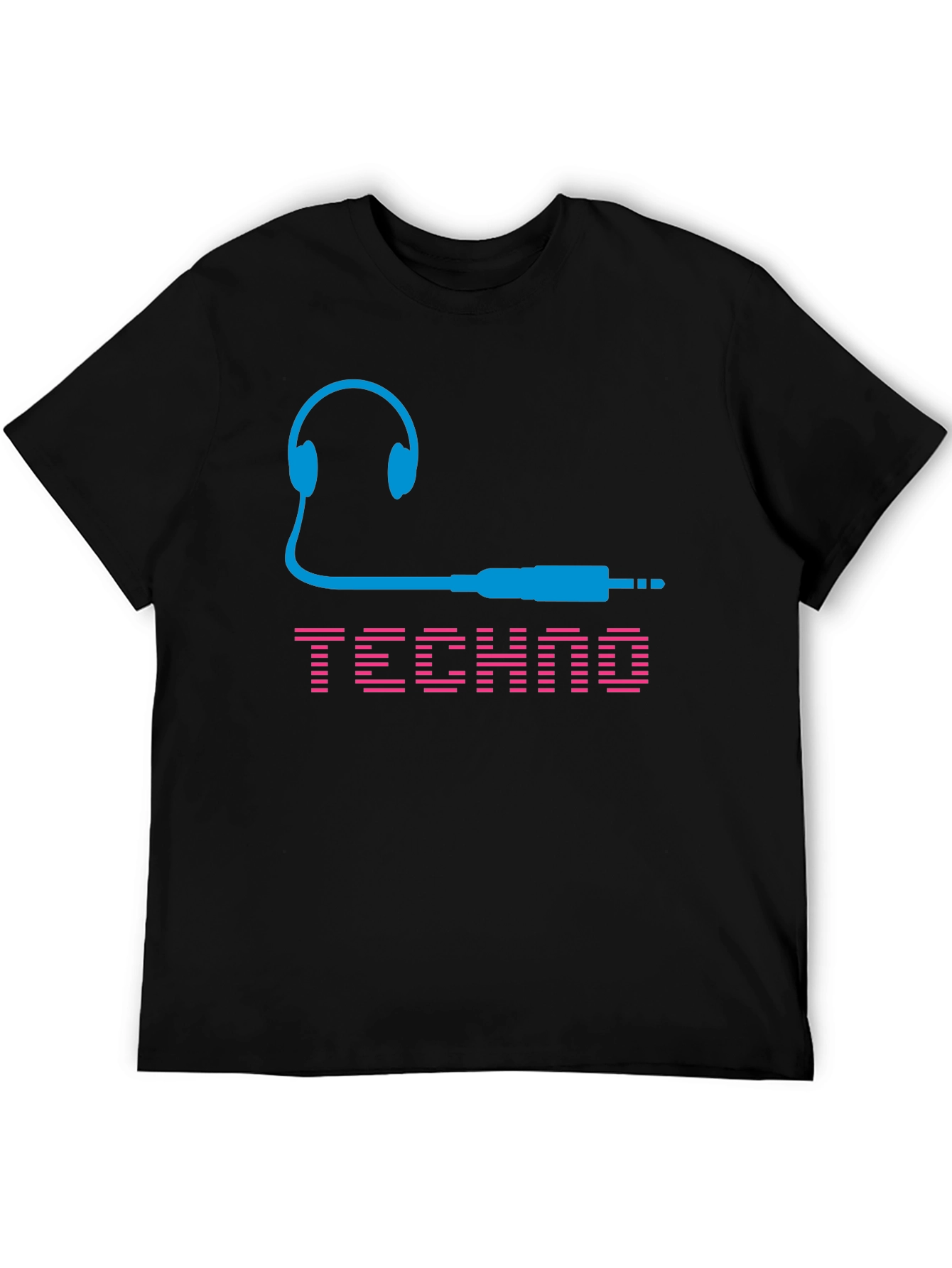Black Techno Music T-Shirt - Headphones and Audio Jack Design view 5