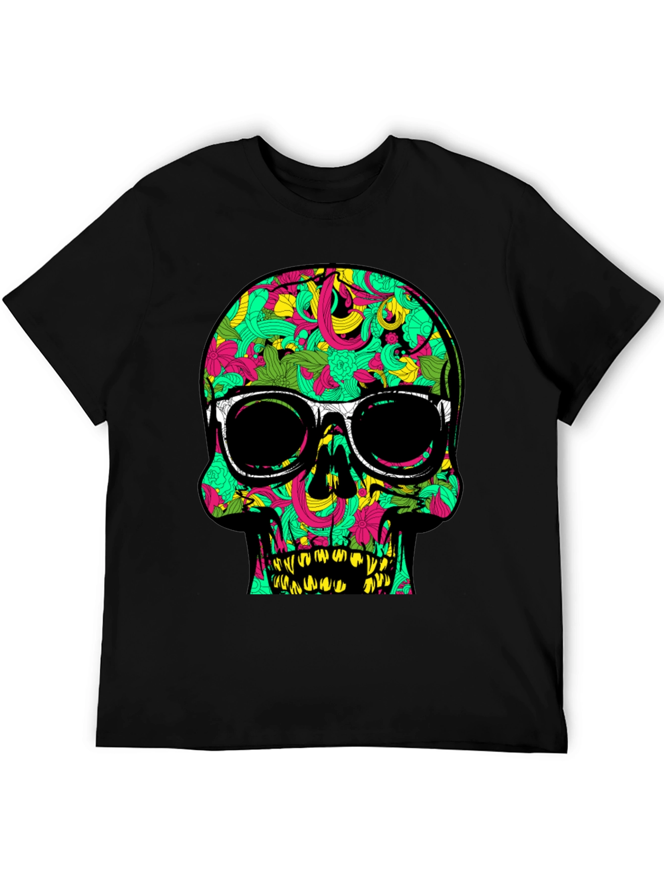 Black Cool Skull T-Shirt with Floral Pattern and Sunglasses view 5