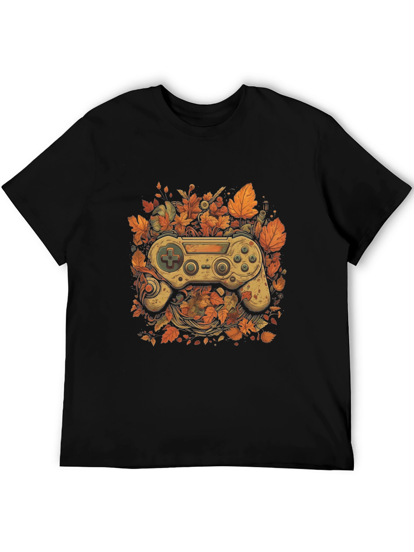 Black Gamer's Fall T-Shirt - Unique Controller Leaf Design view 5