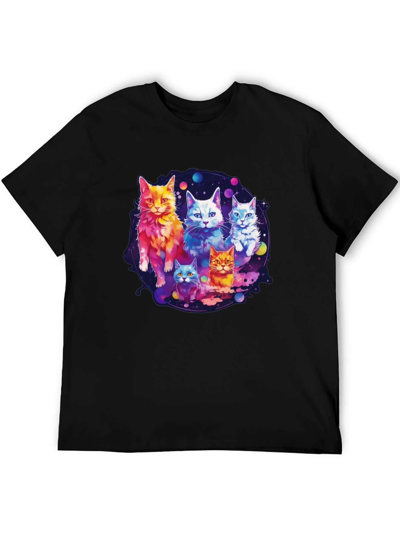 Black Cosmic Cat Crew T-Shirt - Galaxy Feline Design view 5