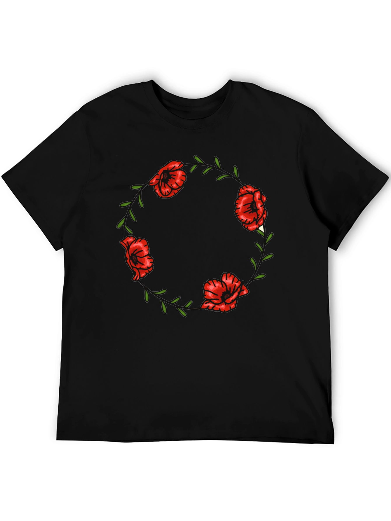 Black Floral Poppy Wreath Graphic Tee - Black Cotton T-Shirt view 5