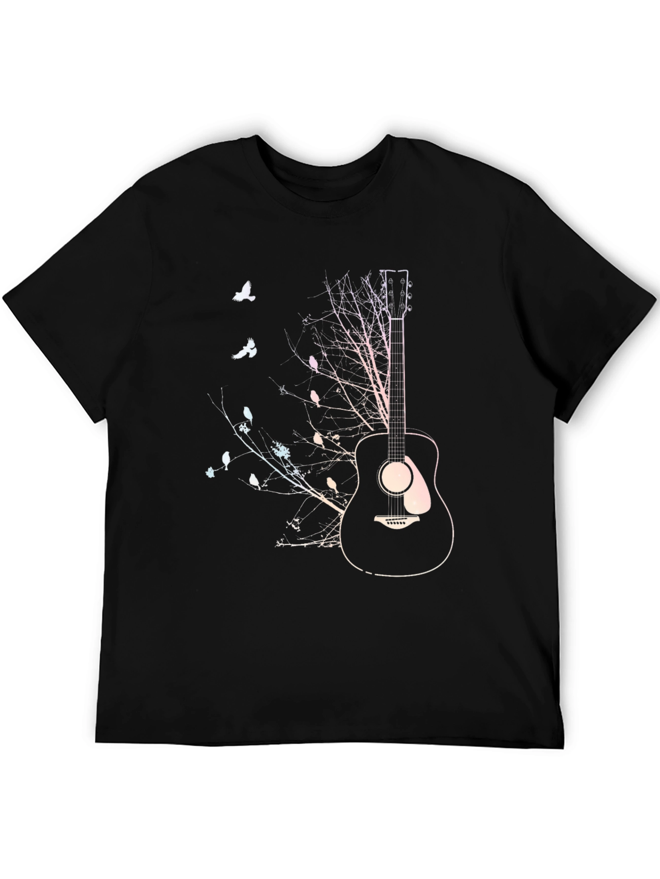 Black Guitar and Birds Graphic Black T-Shirt view 5