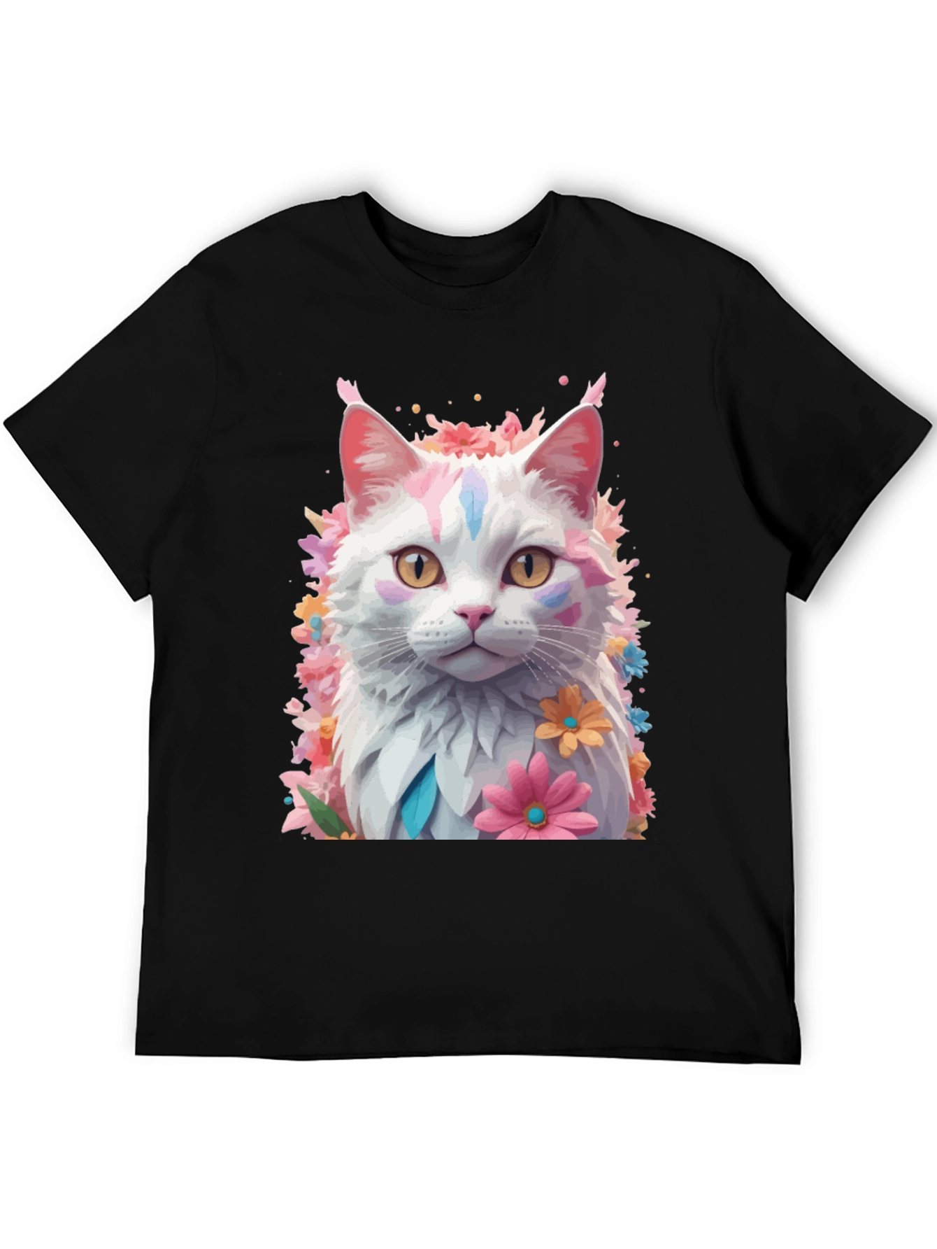 Black Floral Cat T-Shirt - Artistic Graphic Tee view 5