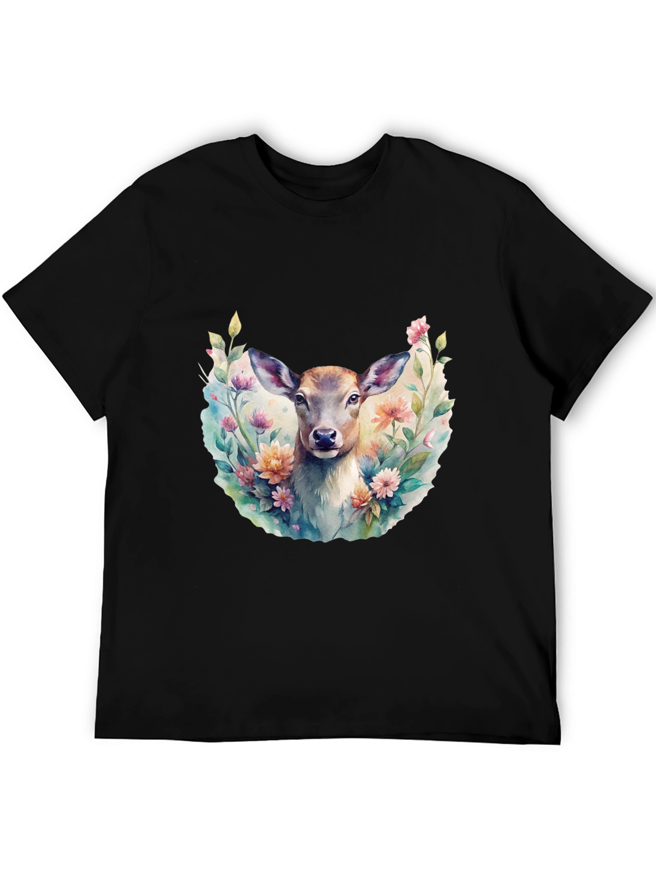Black Floral Deer Graphic Tee - Stylish Men's Black T-Shirt view 5