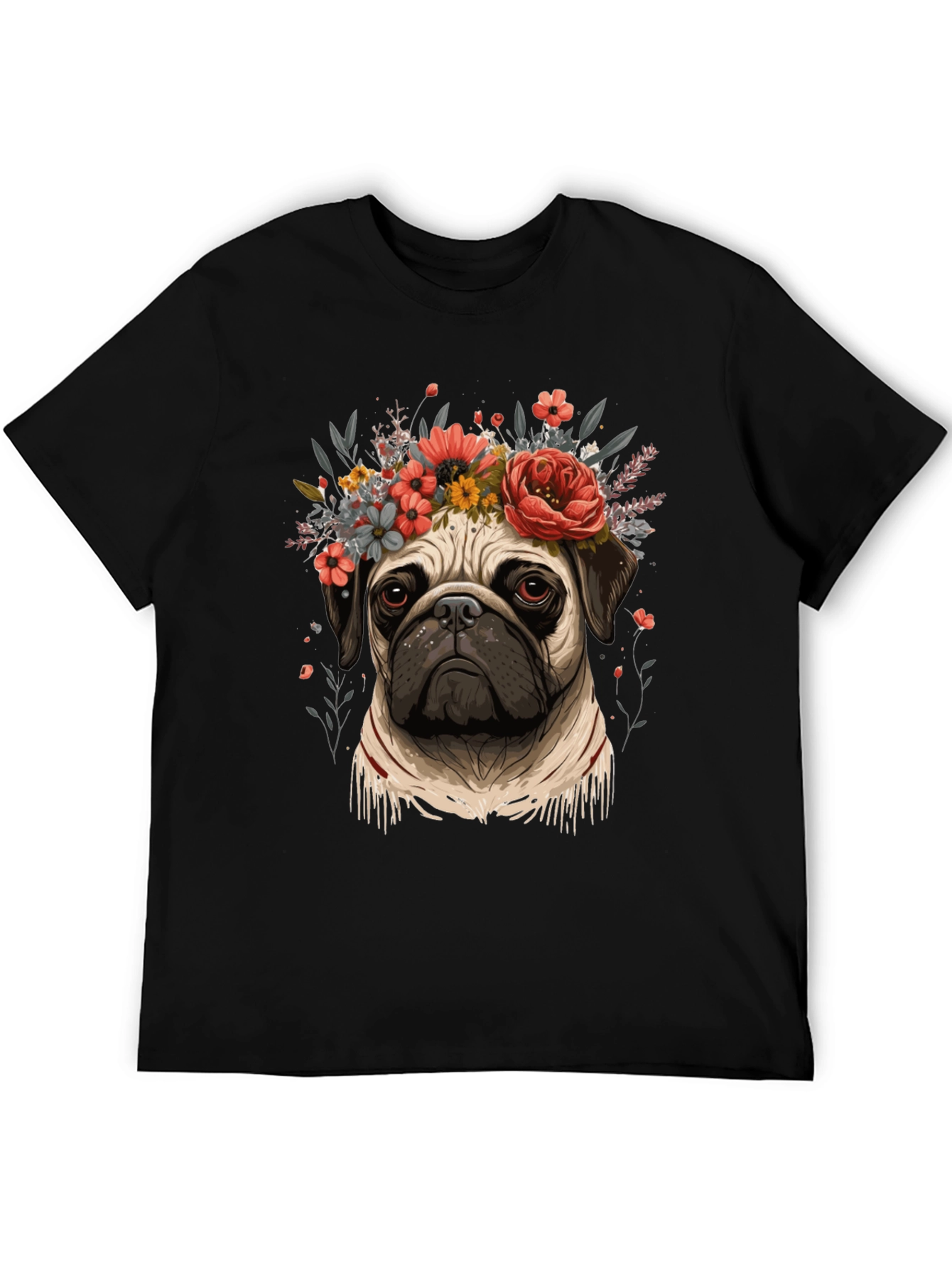Black Floral Pug Graphic Tee - Black Cotton Blend view 5