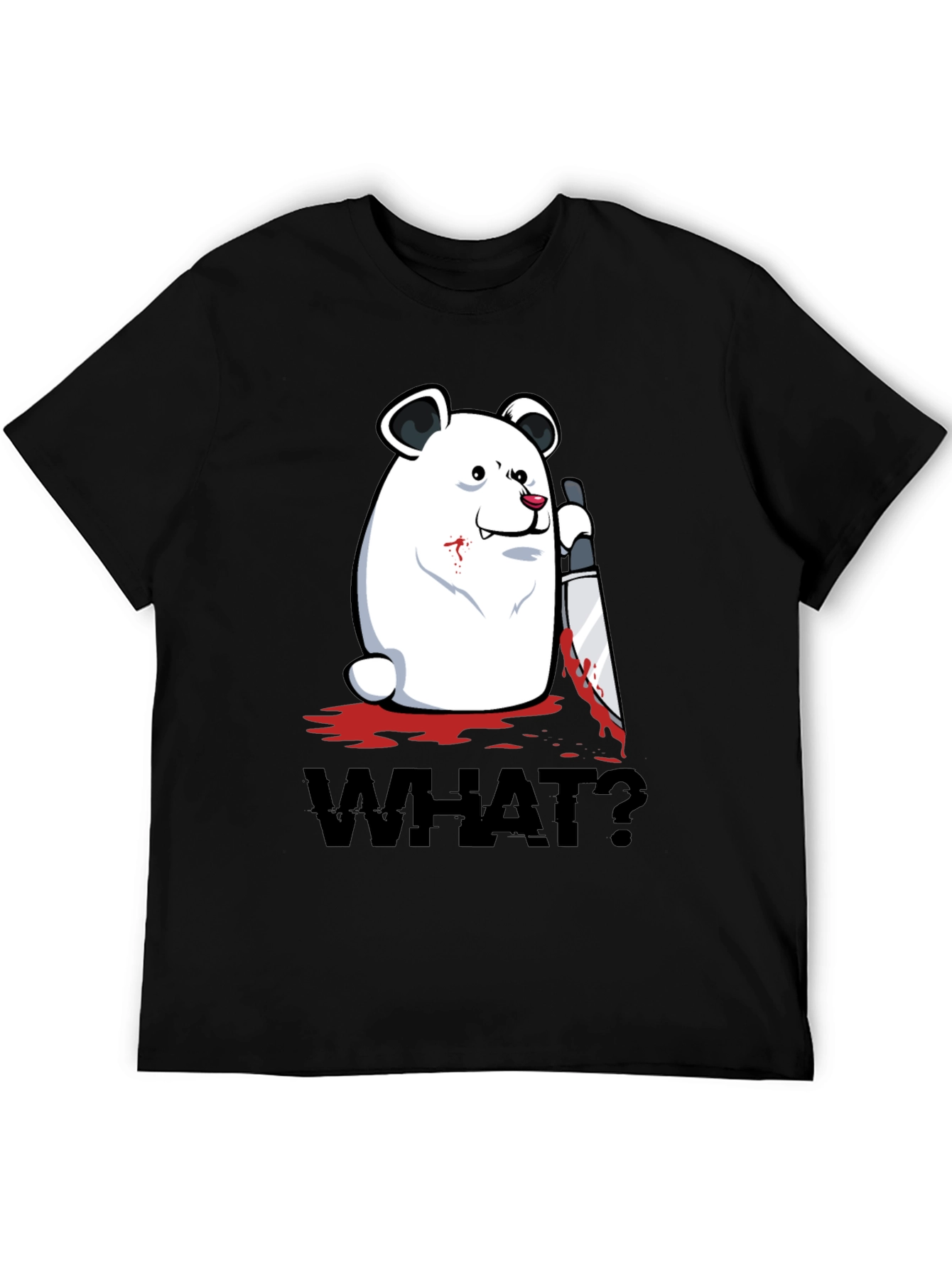 Black Creepy Polar Bear "WHAT?" Graphic T-Shirt view 5