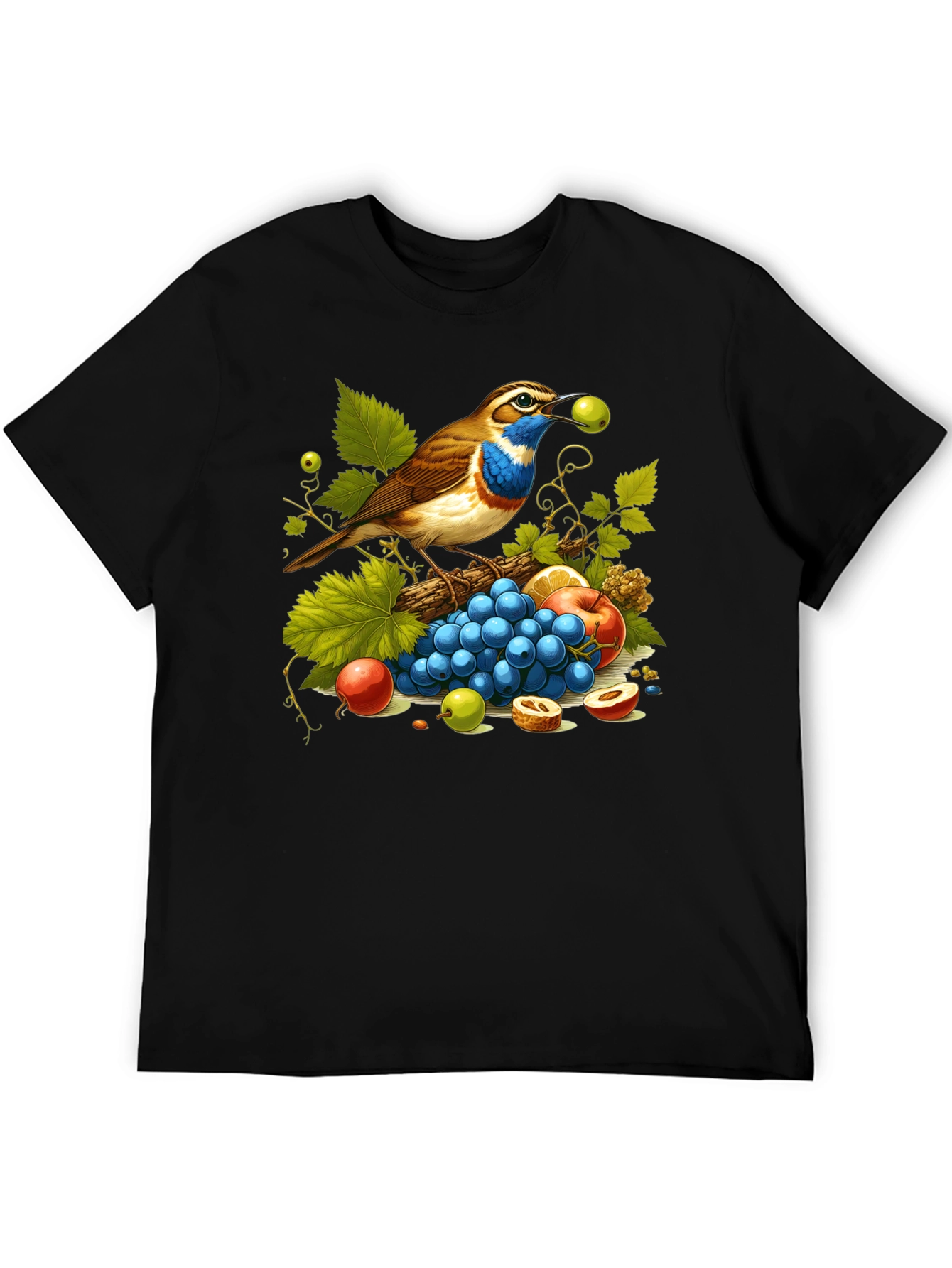 Black Bird and Fruit Graphic T-Shirt - Unisex Black Tee view 5