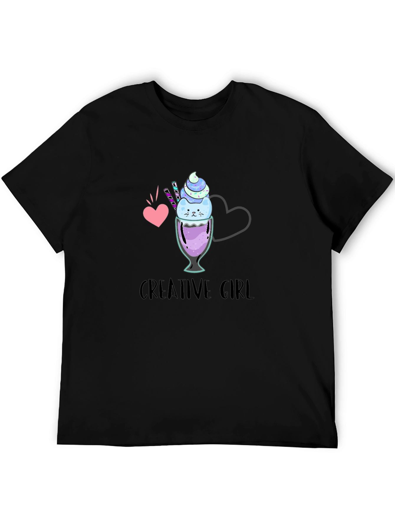 Black Creative Girl Ice Cream Cat Graphic Black T-Shirt view 5