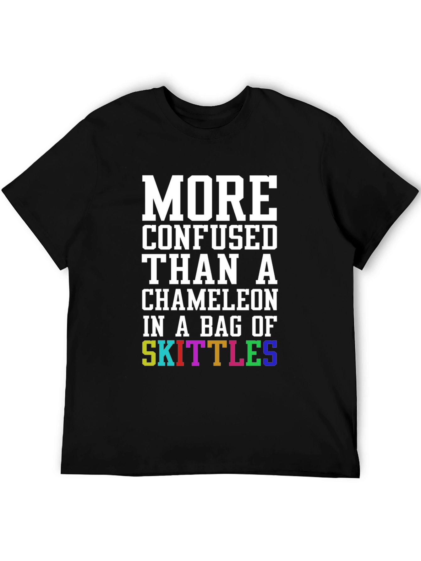 Black Confused Chameleon Skittles T-Shirt - Funny Novelty Tee view 5