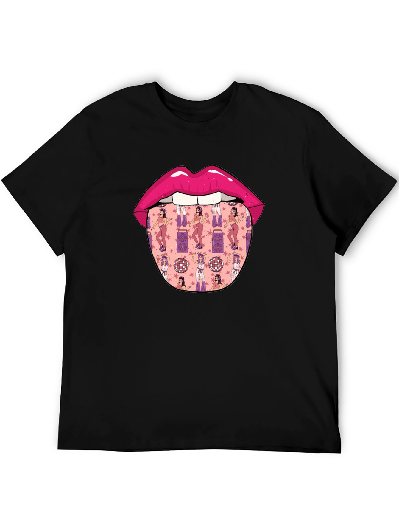 Black Novelty Lips Tongue Disco Pattern T-Shirt view 5
