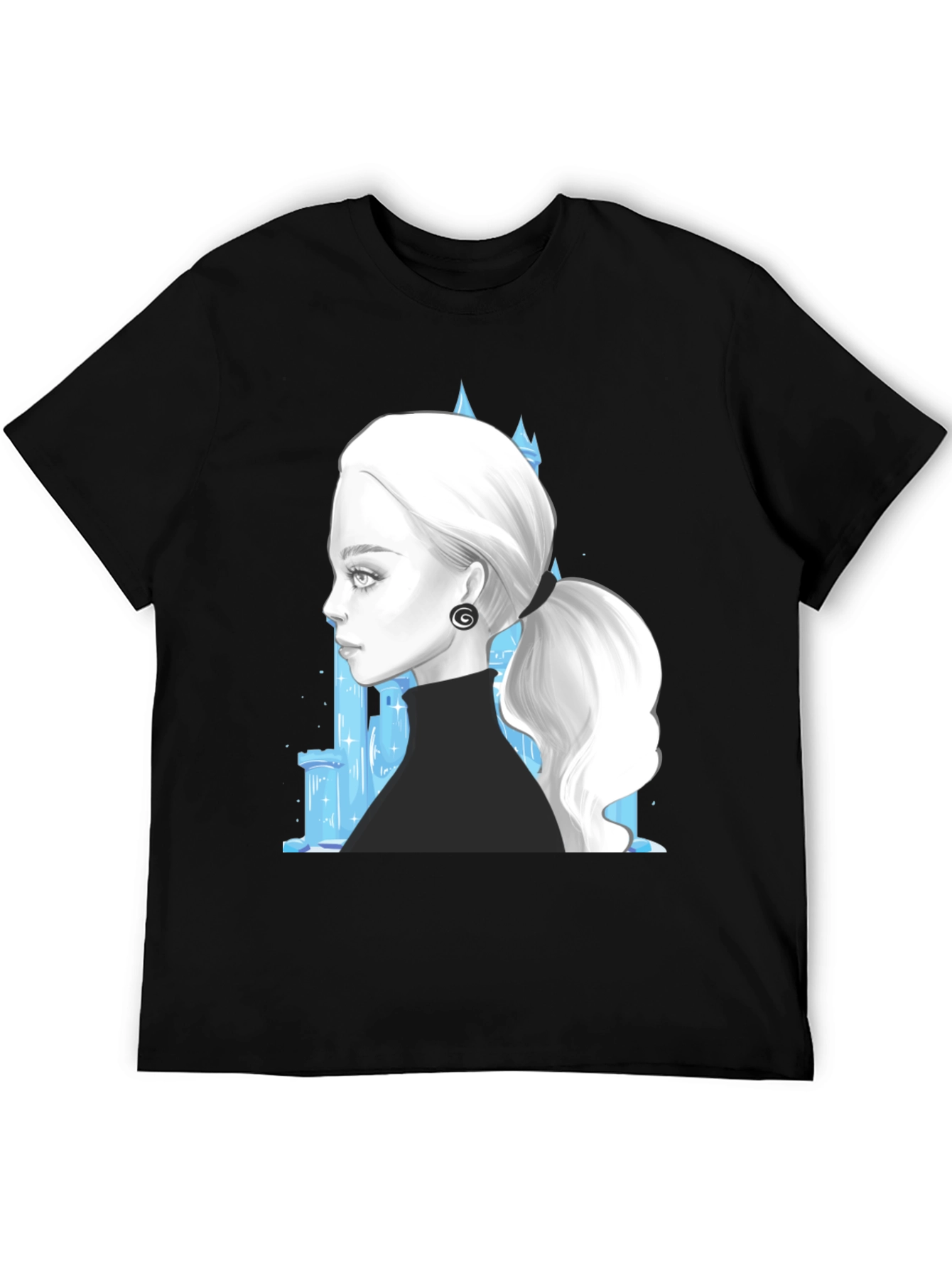 Black Elegant Woman & Ice Castle Graphic Black T-Shirt view 5