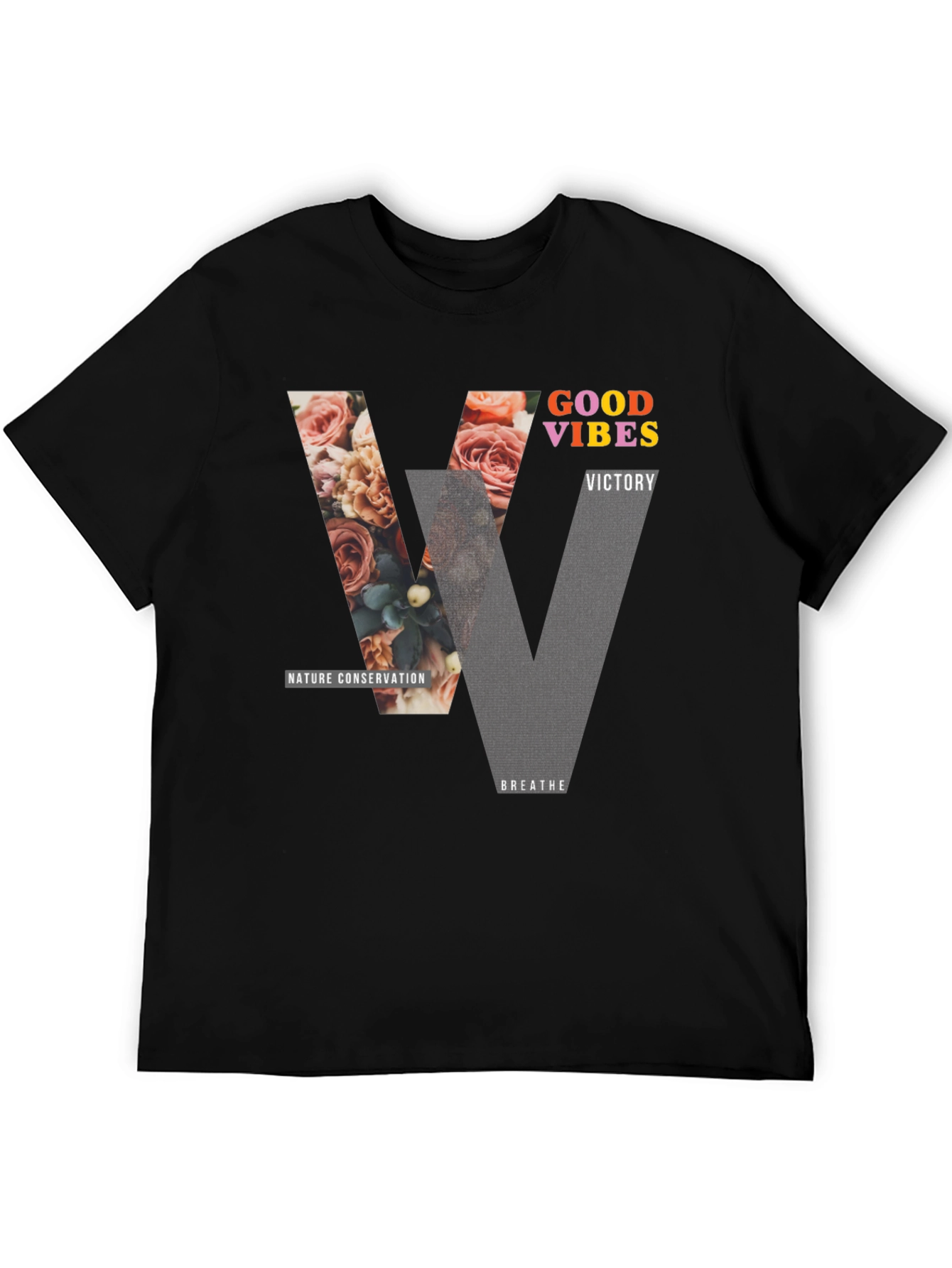 Black Good Vibes Graphic Tee - Nature Conservation Design view 5