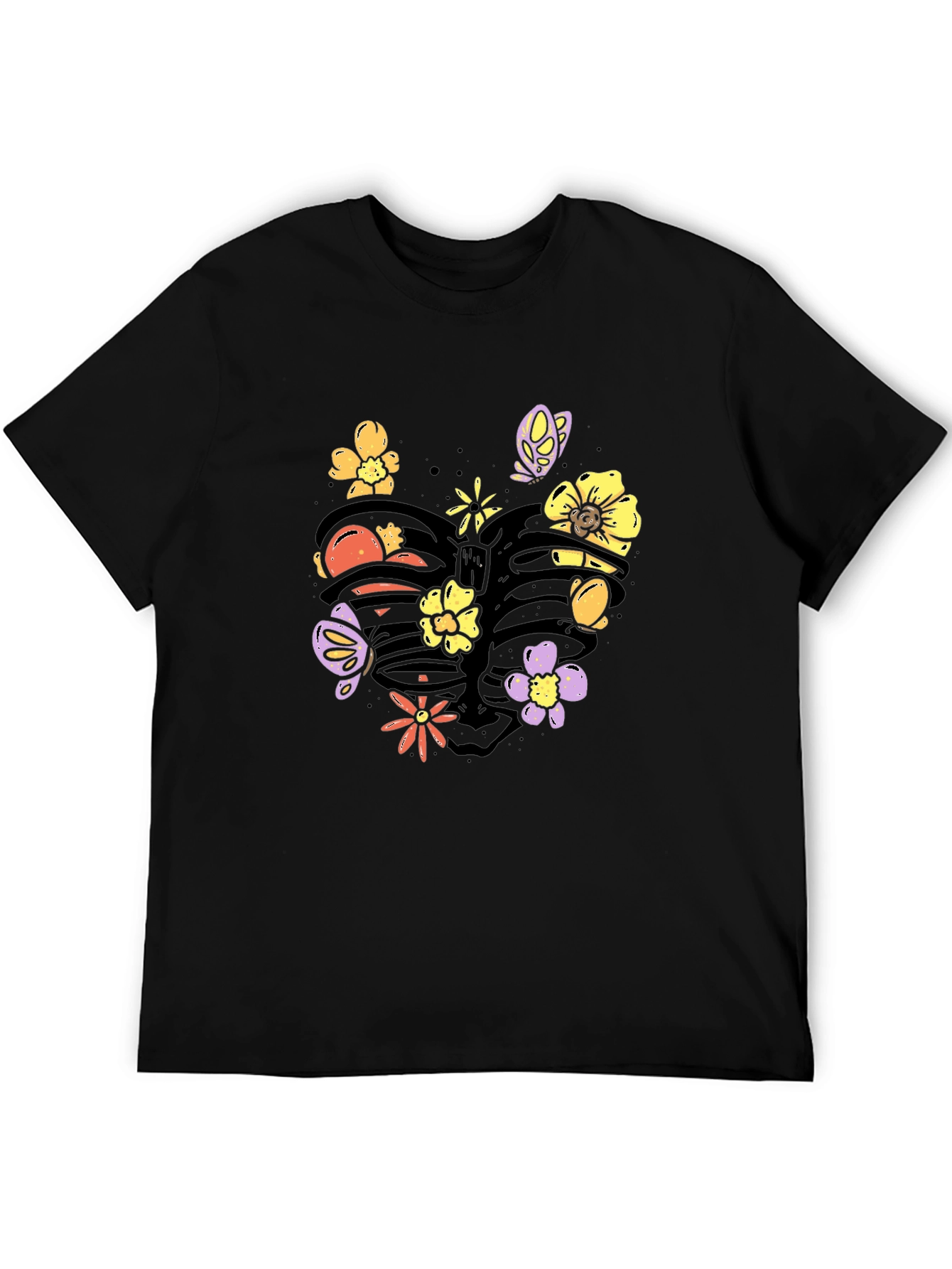 Black Floral Rib Cage Graphic Tee - Black Cotton T-Shirt view 5