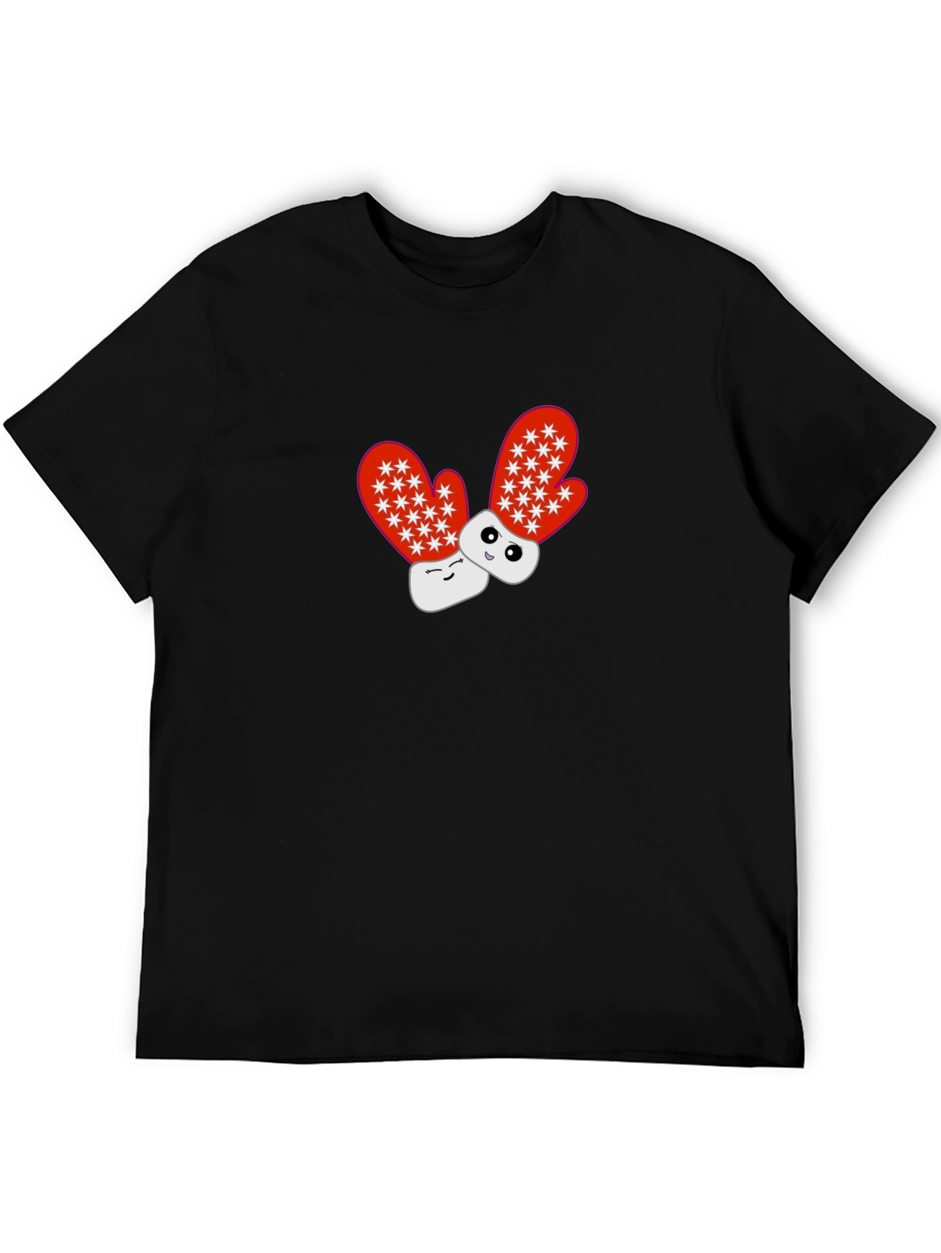 Black Cute Cartoon Mittens Black T-Shirt view 5