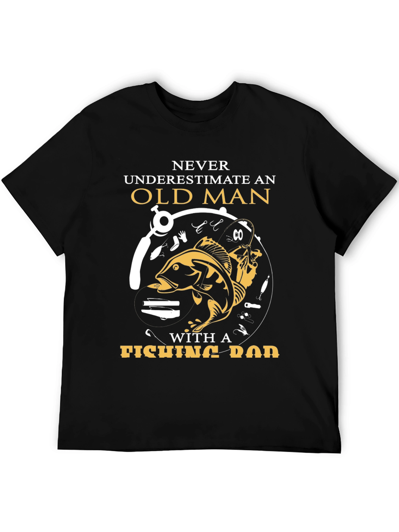Black Never Underestimate Old Man Fishing Rod T-Shirt view 5