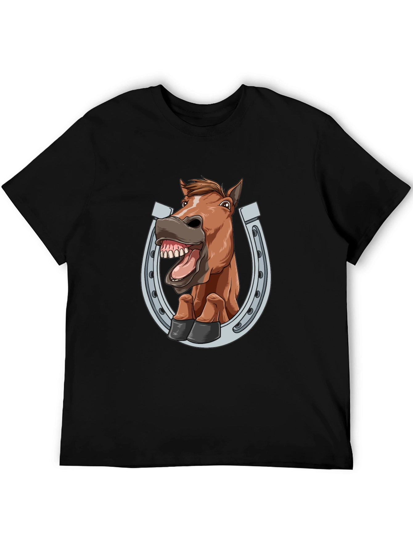 Black Funny Horse in Horseshoe Graphic Tee - Black T-Shirt view 5