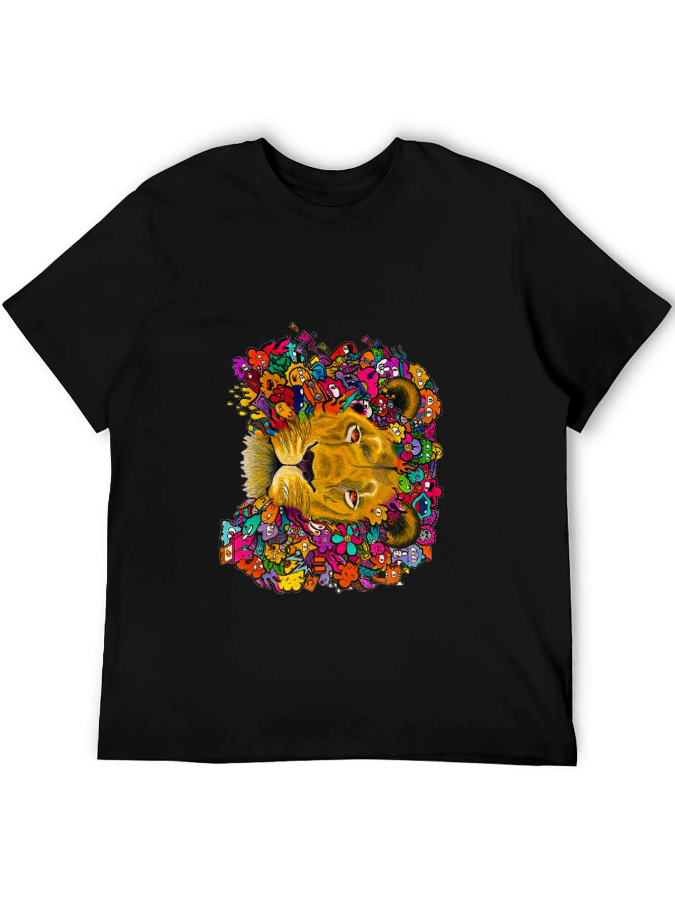 Black Lion Doodle Graphic Tee - Black Cotton T-Shirt view 5