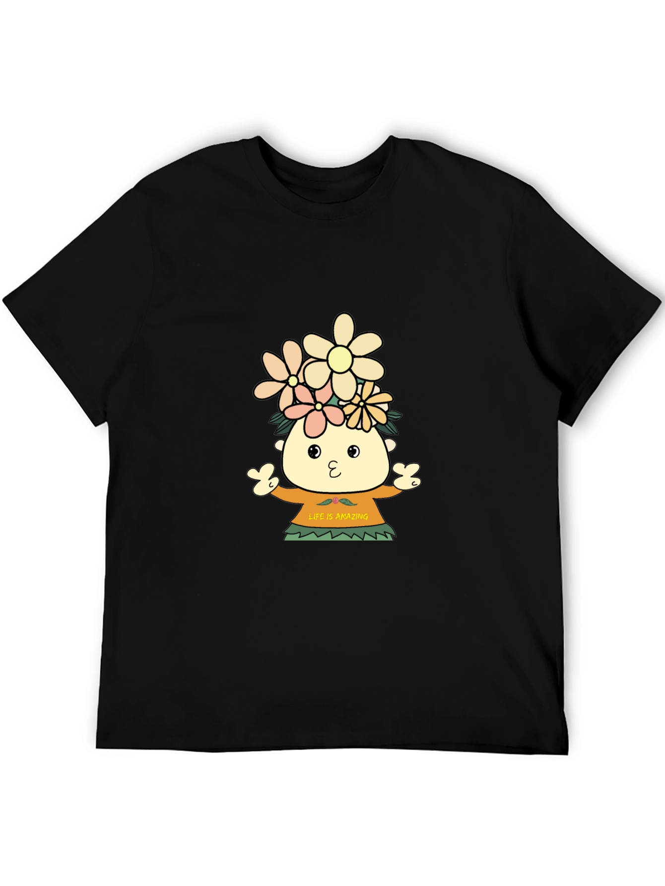 Black Black T-Shirt with Cartoon Flower Child Design view 5