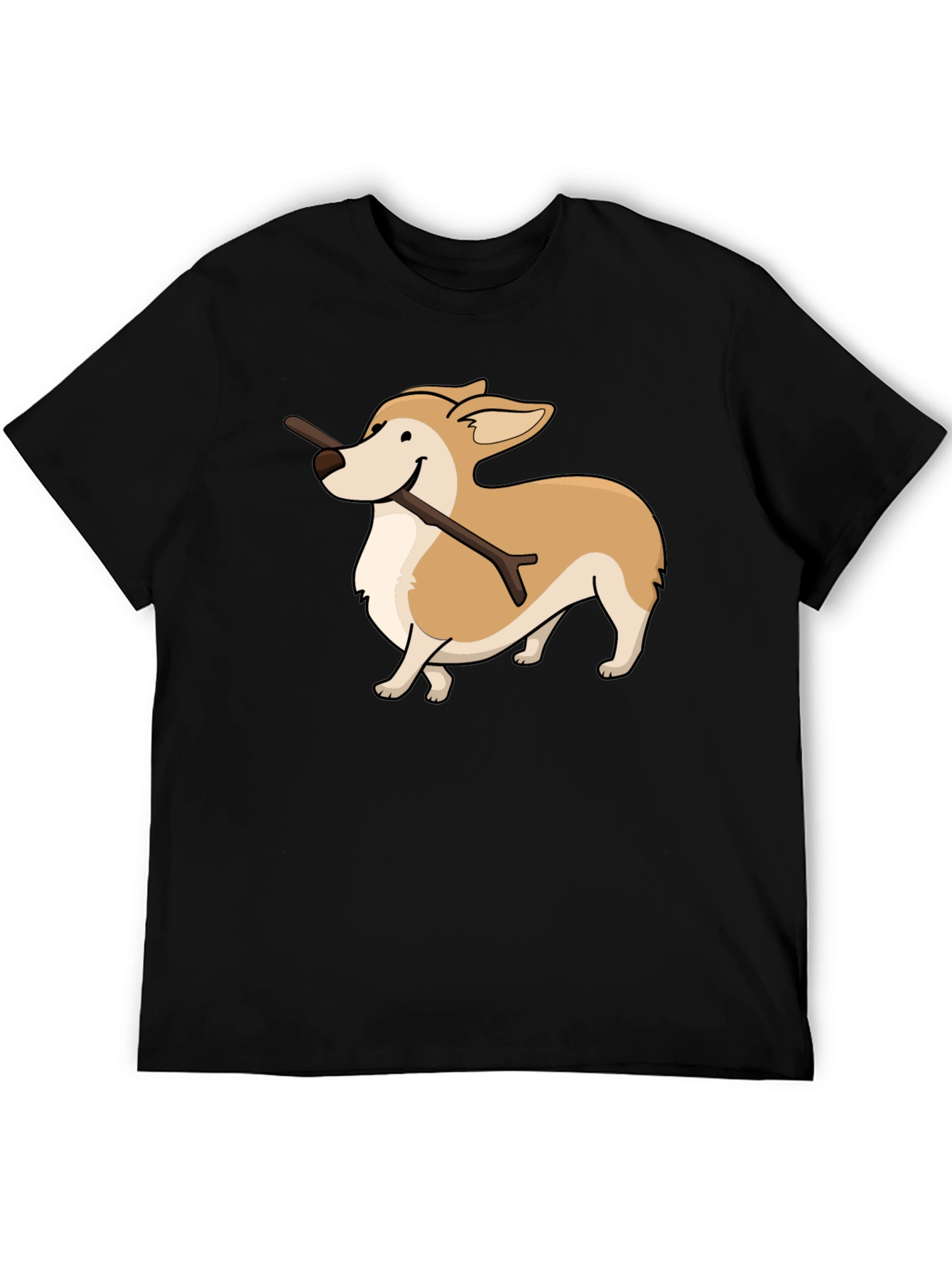 Black Corgi With Stick Graphic T-Shirt view 5