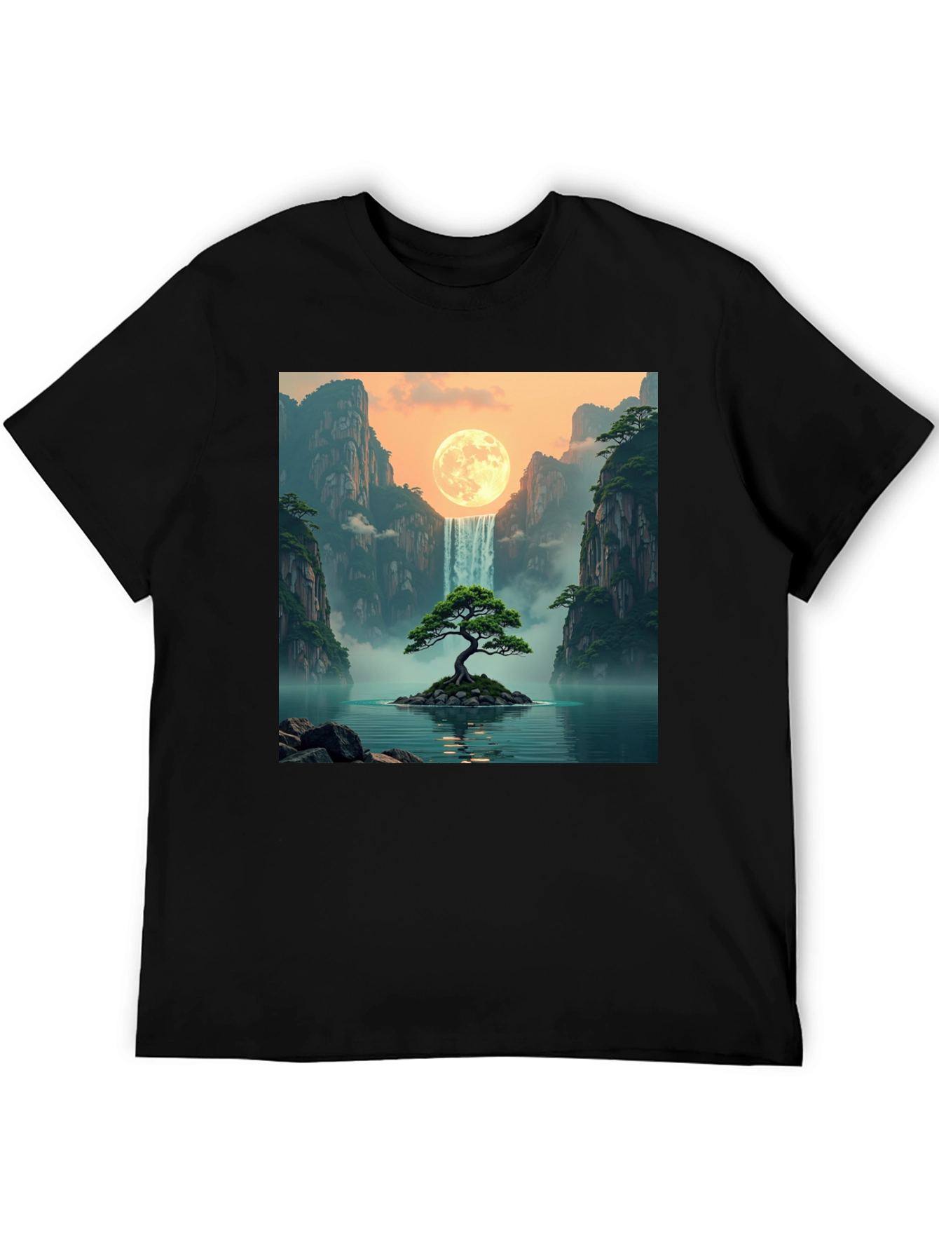 Black Waterfall Moon Bonsai Tree Graphic T-Shirt view 5