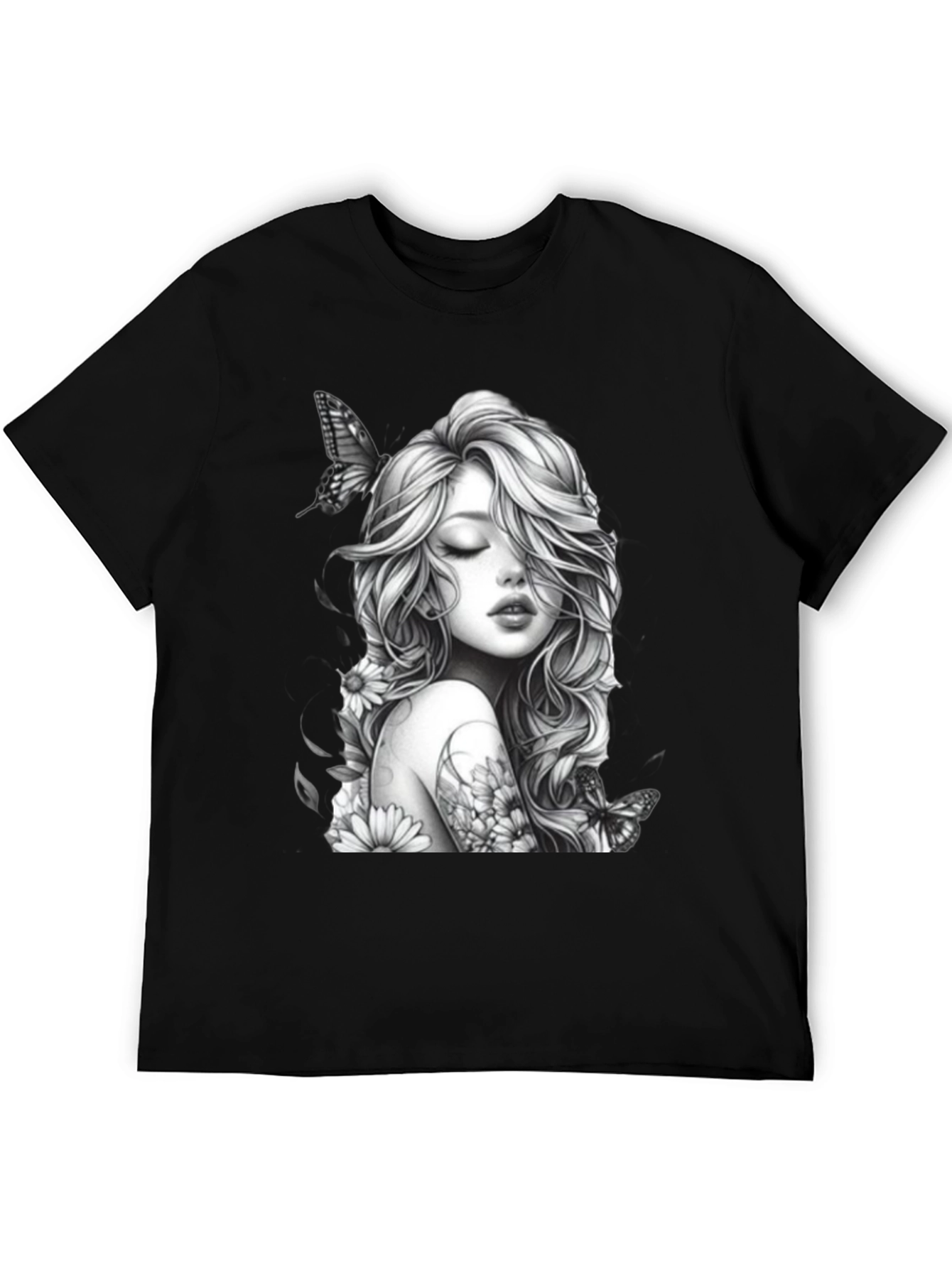 Black Black T-Shirt with Woman and Butterfly Design view 5