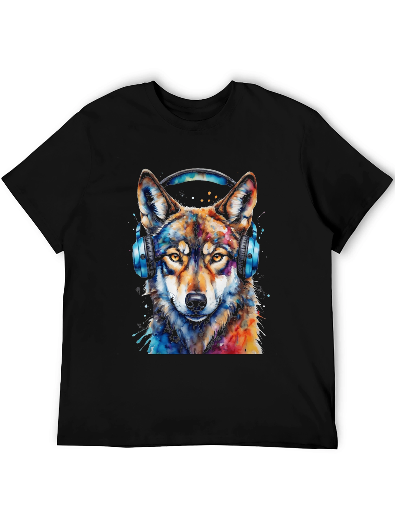 Black Wolf Headphone Graphic Black T-Shirt view 5