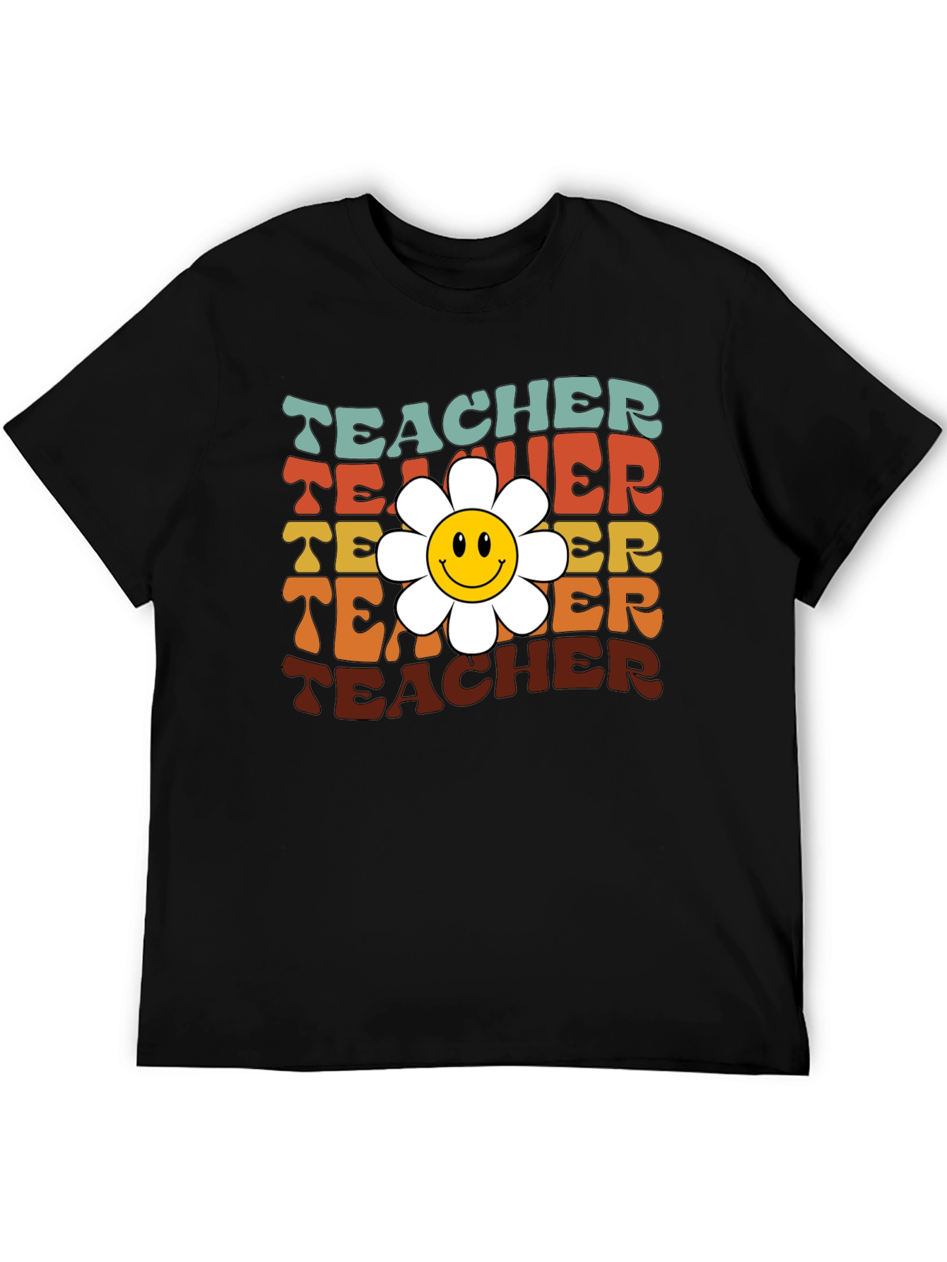 Black Retro Teacher Smiley Flower T-Shirt view 5
