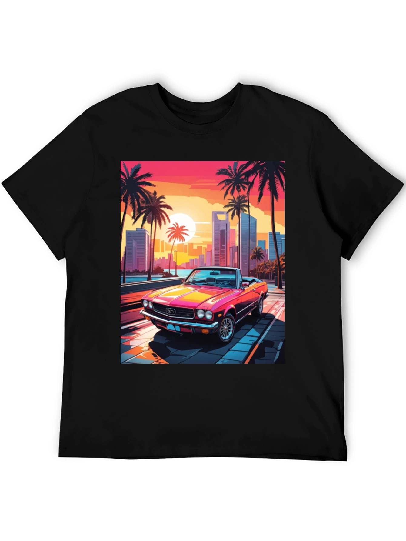 Black Retro Sunset Car Graphic Tee view 5