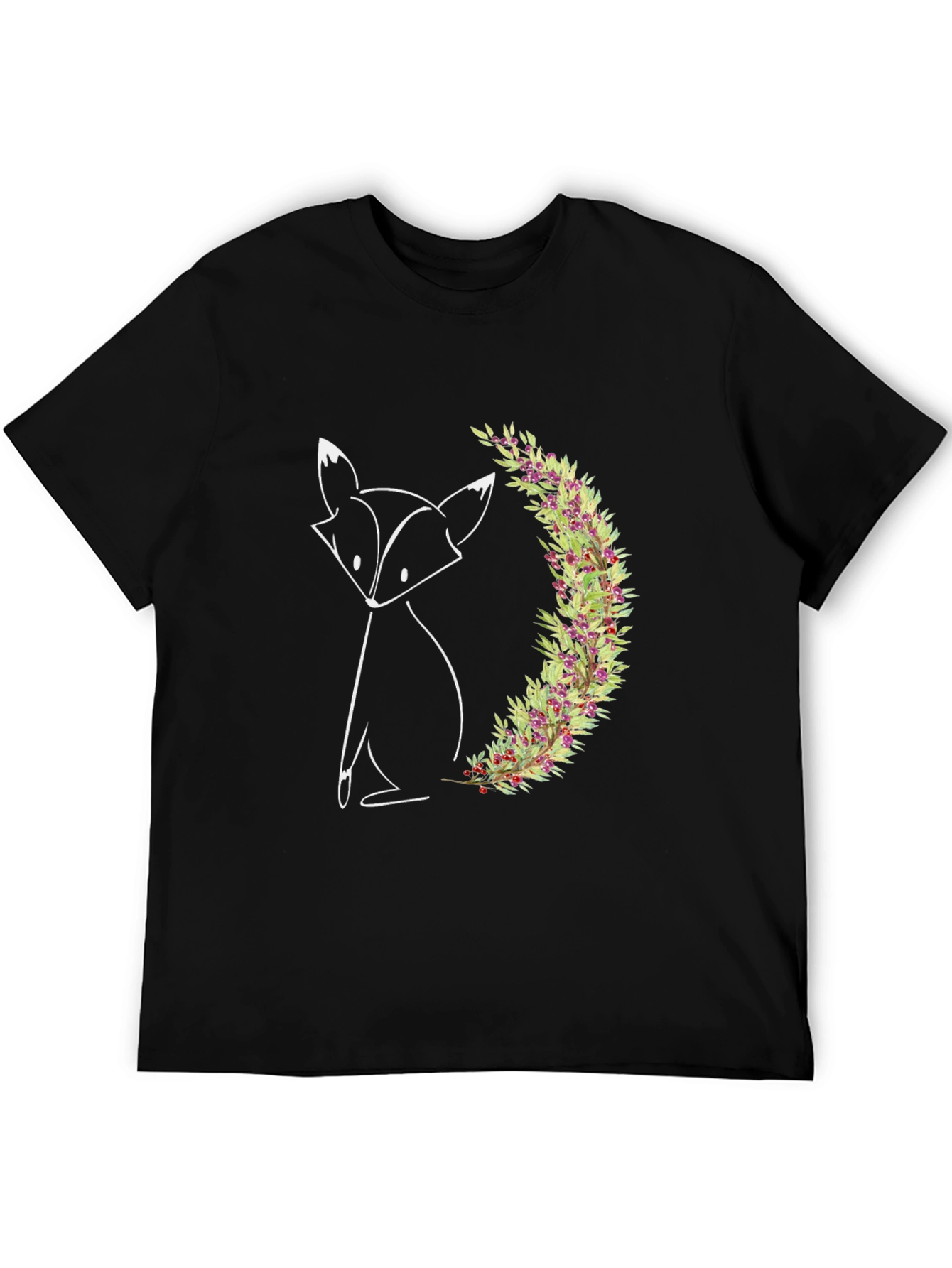 Black Minimalist Fox & Floral Wreath Graphic Tee - Black view 5