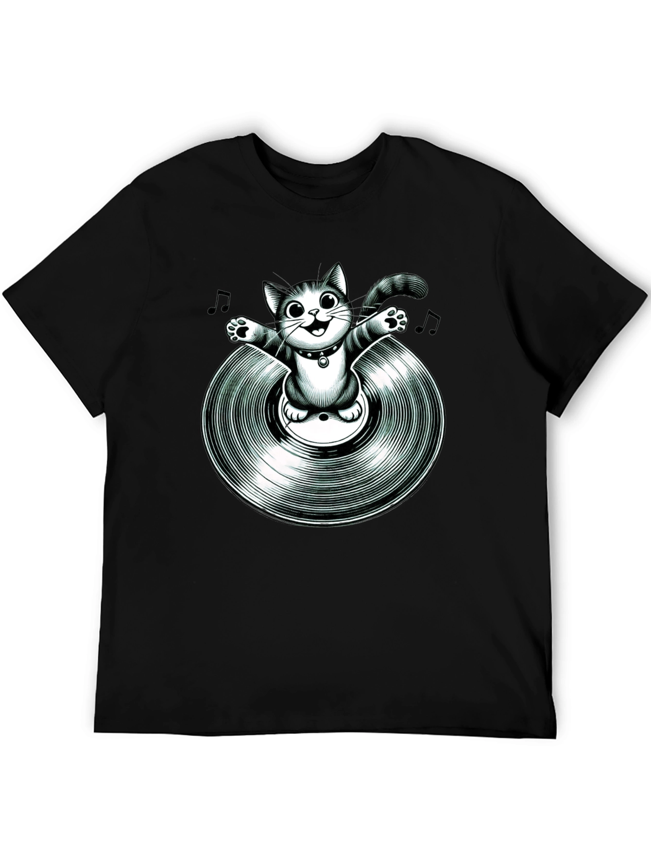 Black Cool Cat on Vinyl Record Graphic T-Shirt view 5
