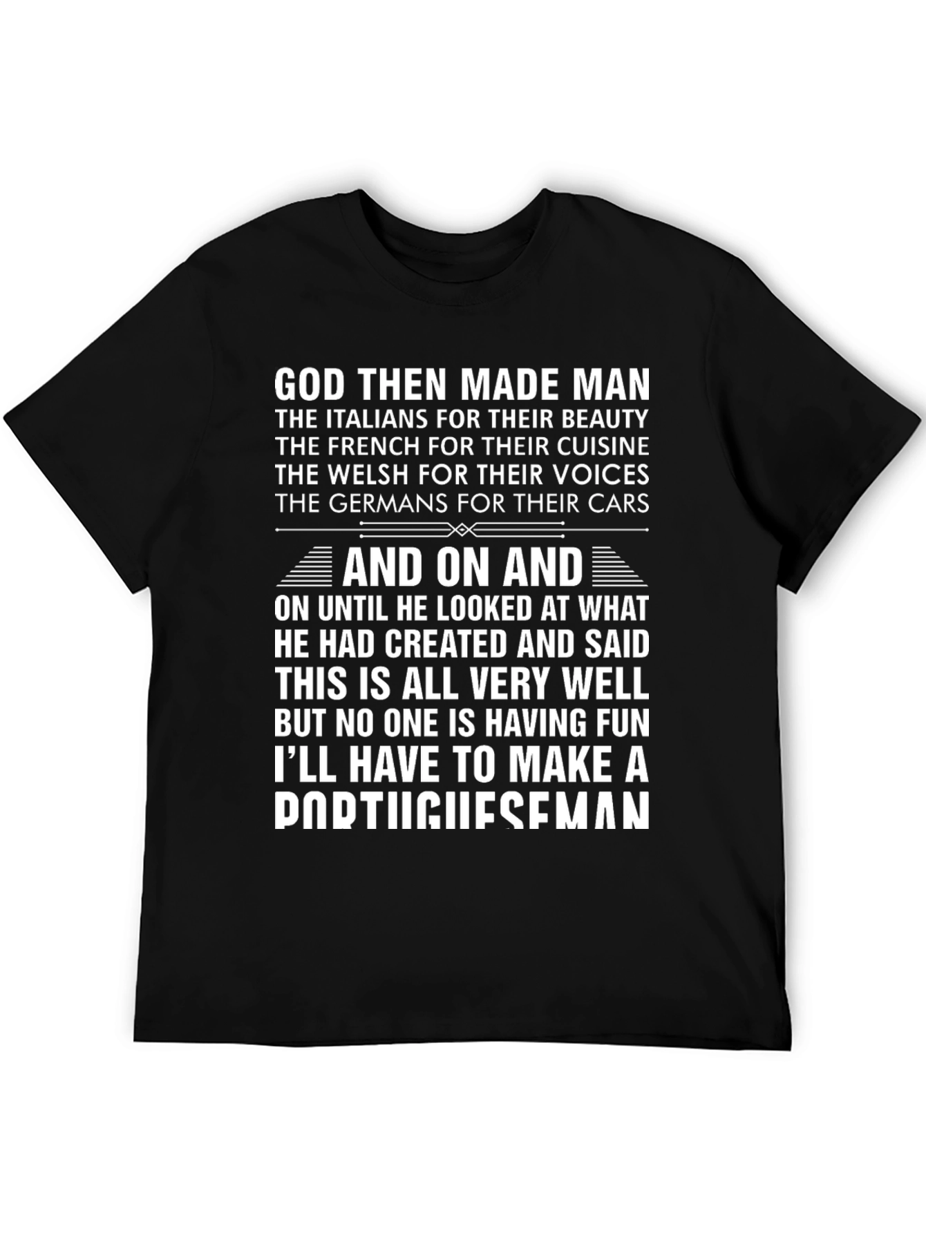 Black Humorous "God Then Made Man" Portugal T-Shirt view 5