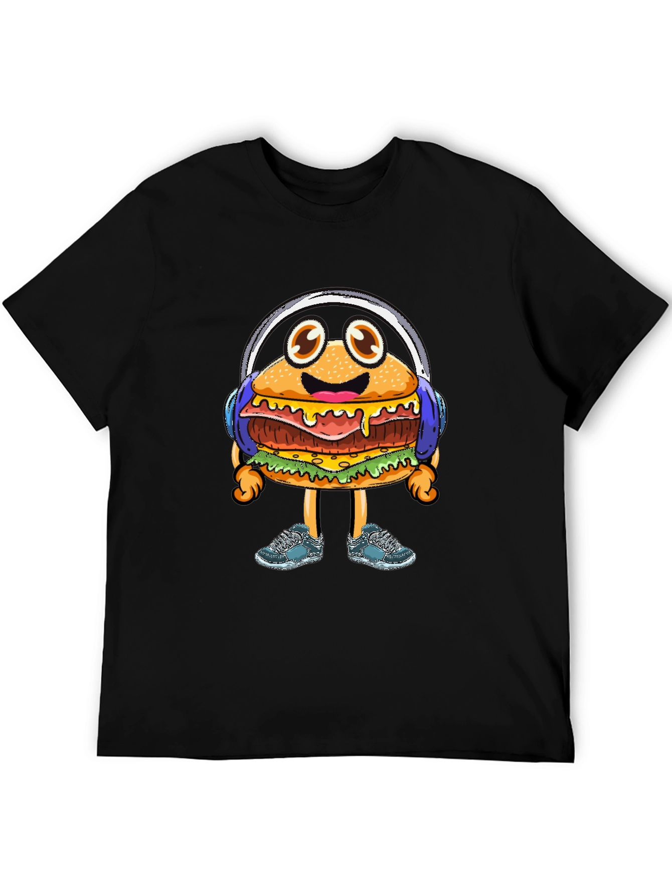 Black Burger Beats T-Shirt: Groovy Cartoon Foodie Tee view 5