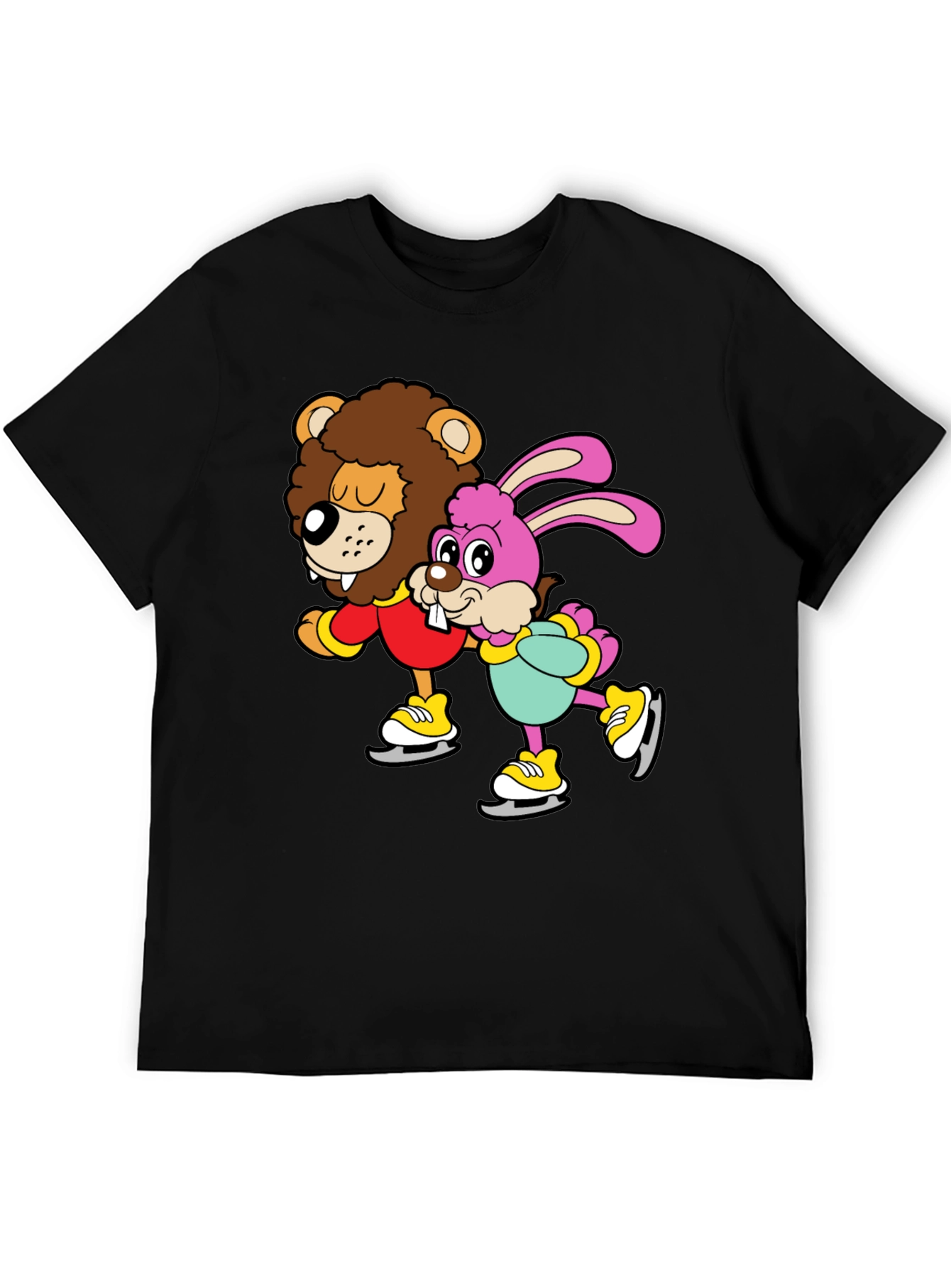Black Lion & Bunny Ice Skating Cartoon Graphic T-Shirt view 5
