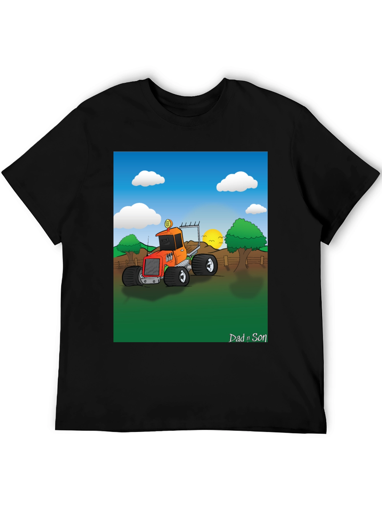 Black Dad n Son Cartoon Tractor T-Shirt view 5