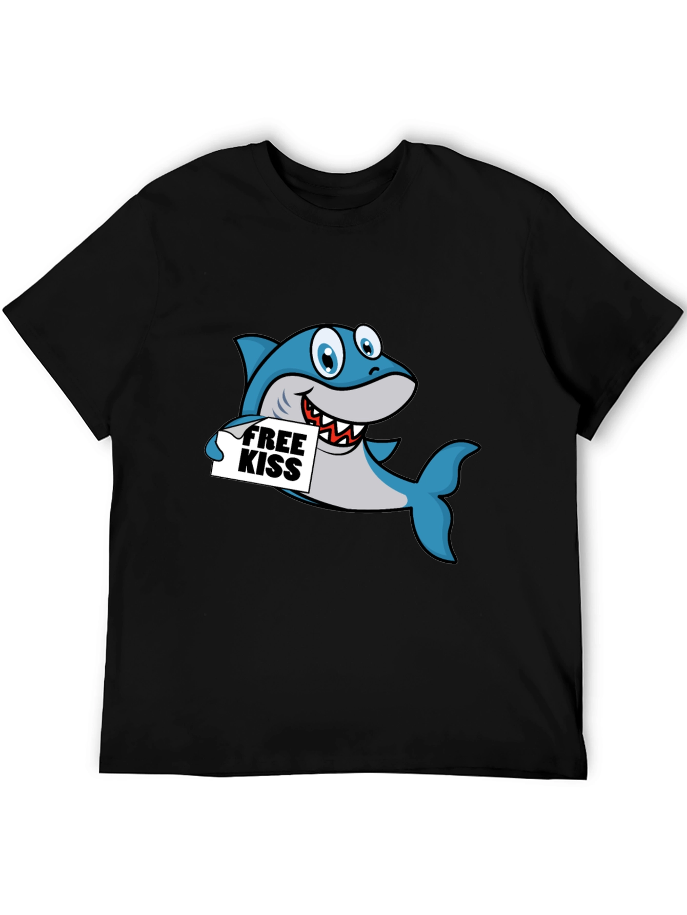 Black Funny Shark Free Kiss Graphic Tee - Black view 5