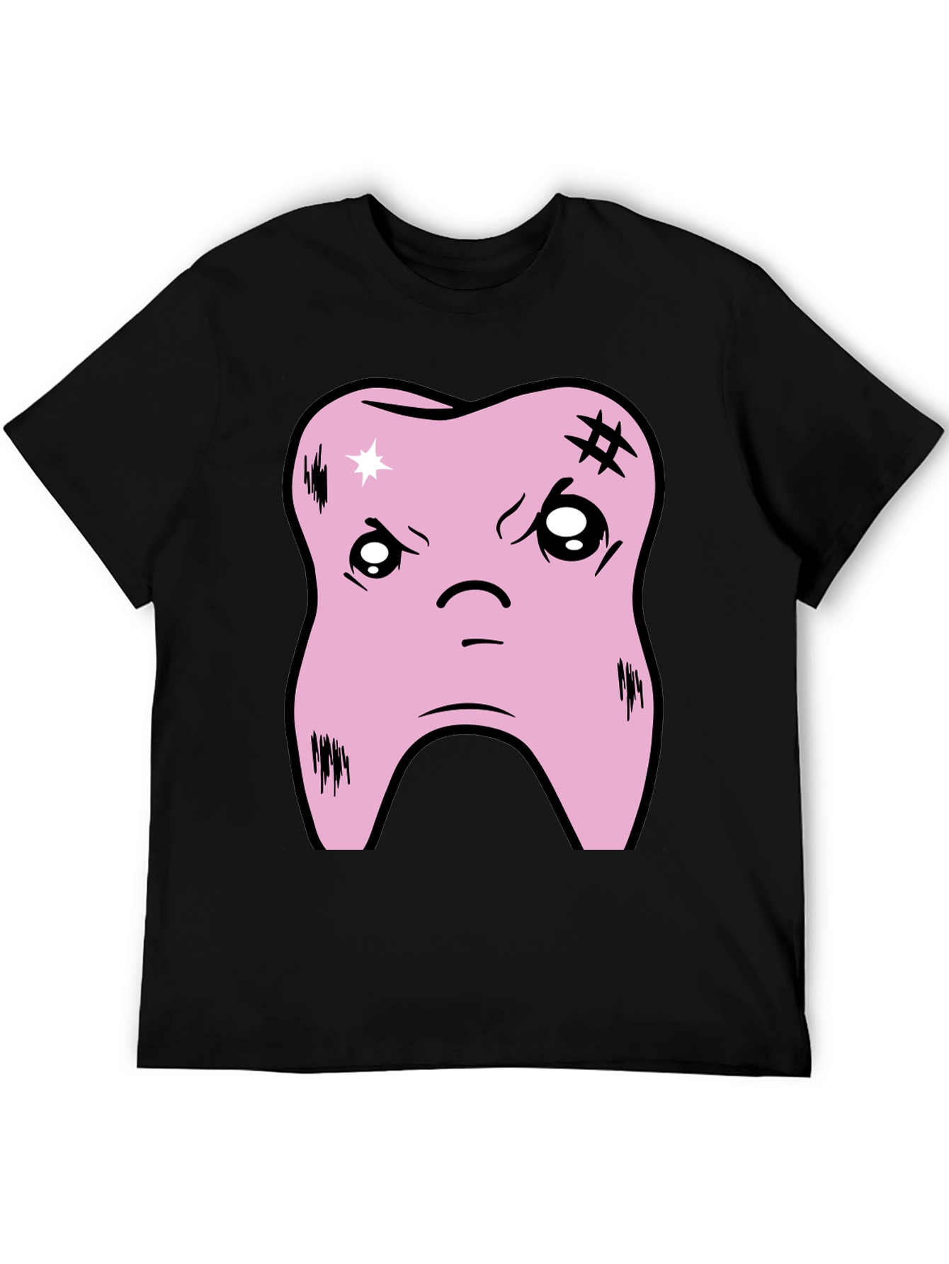 Black Cartoon Tooth Graphic Tee - Black Cotton T-Shirt view 5