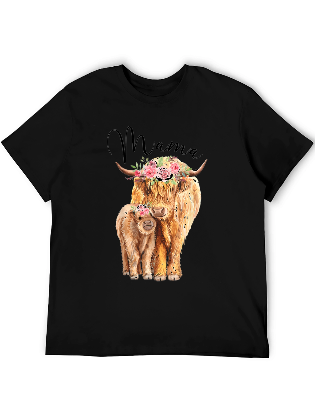 Black Mama Highland Cow T-Shirt: Floral Crowned Cow & Calf Tee view 5