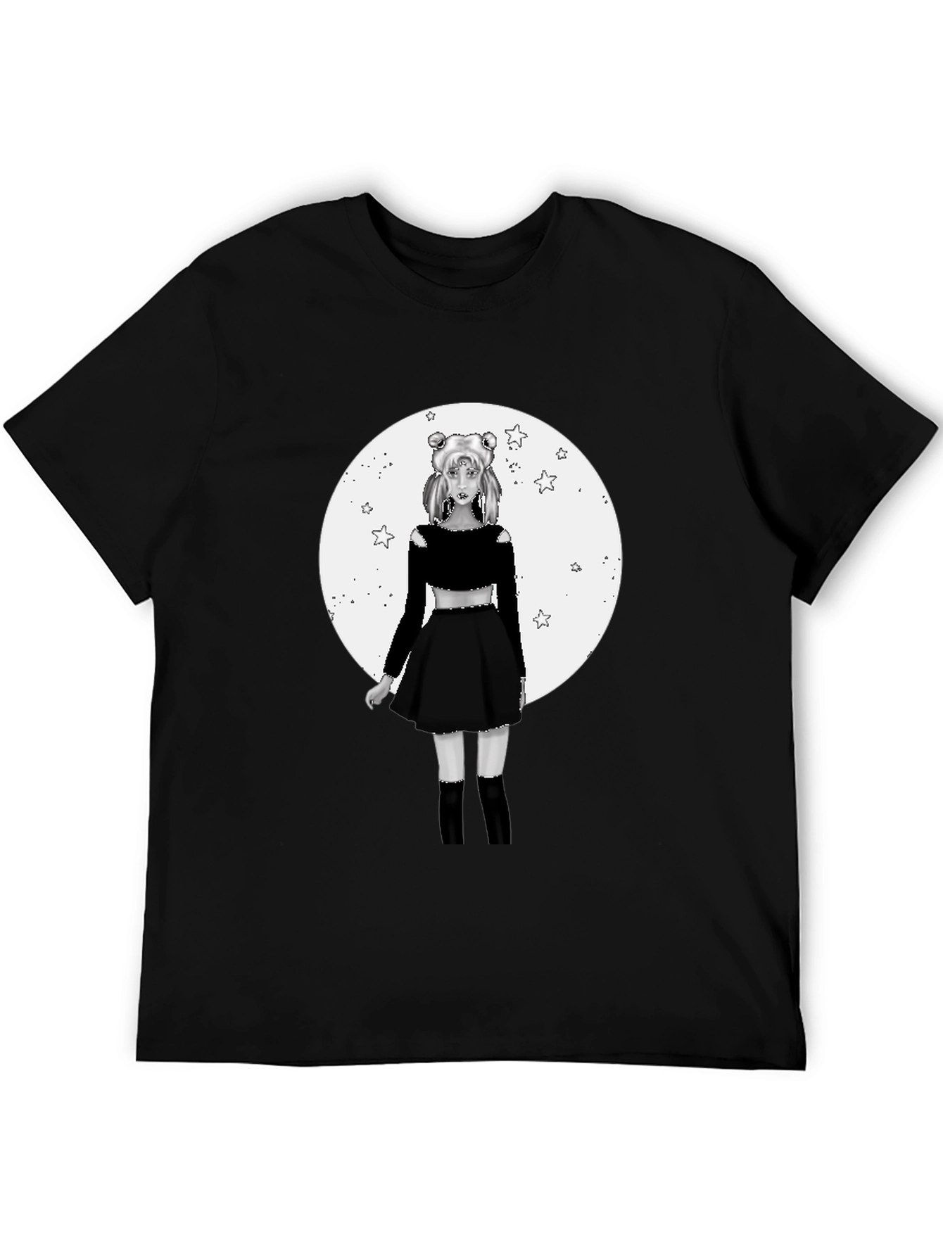Black Anime Girl Moon Graphic Black T-Shirt view 5