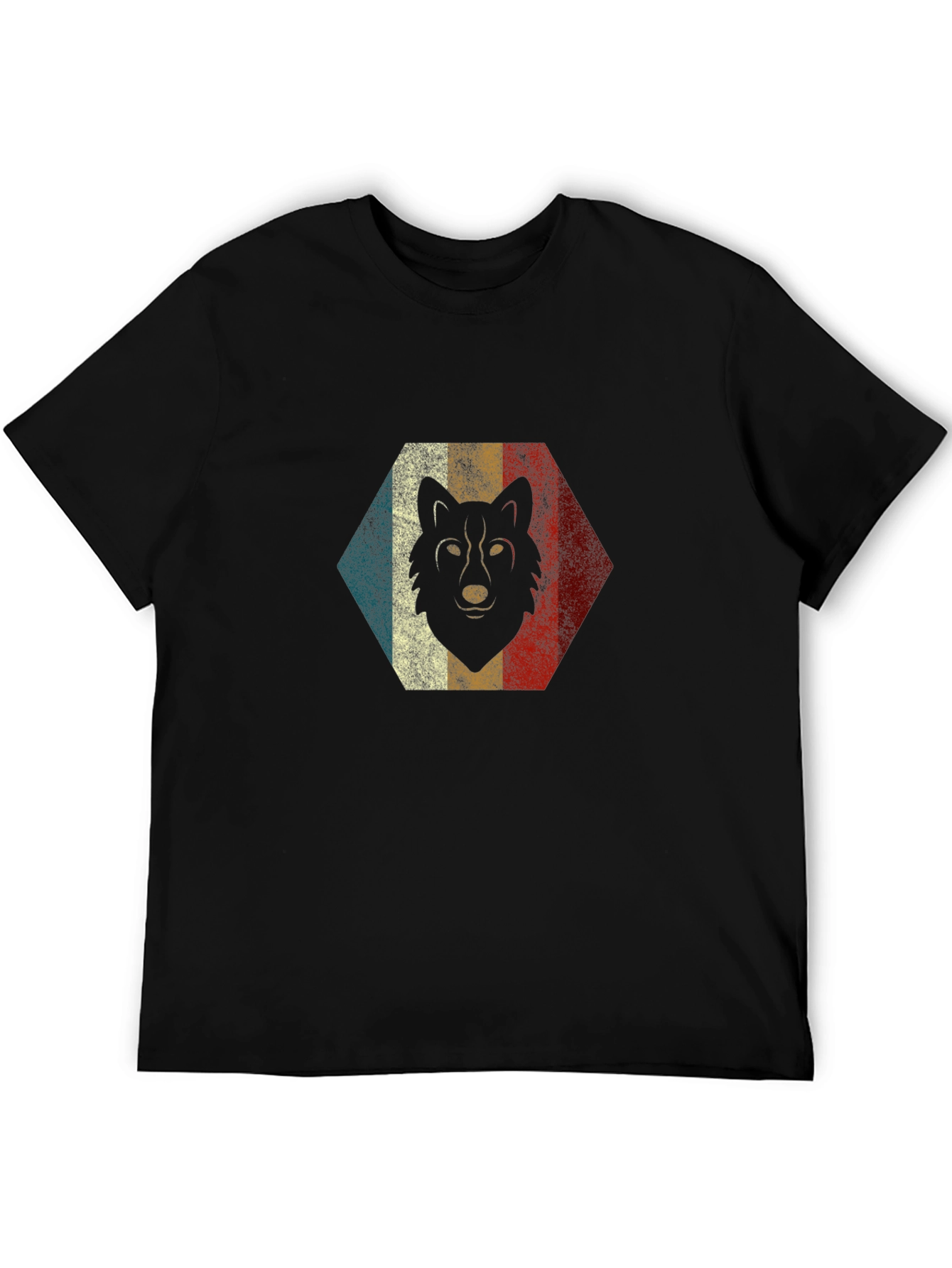 Black Retro Wolf Graphic Tee - Black Cotton Blend T-Shirt view 5