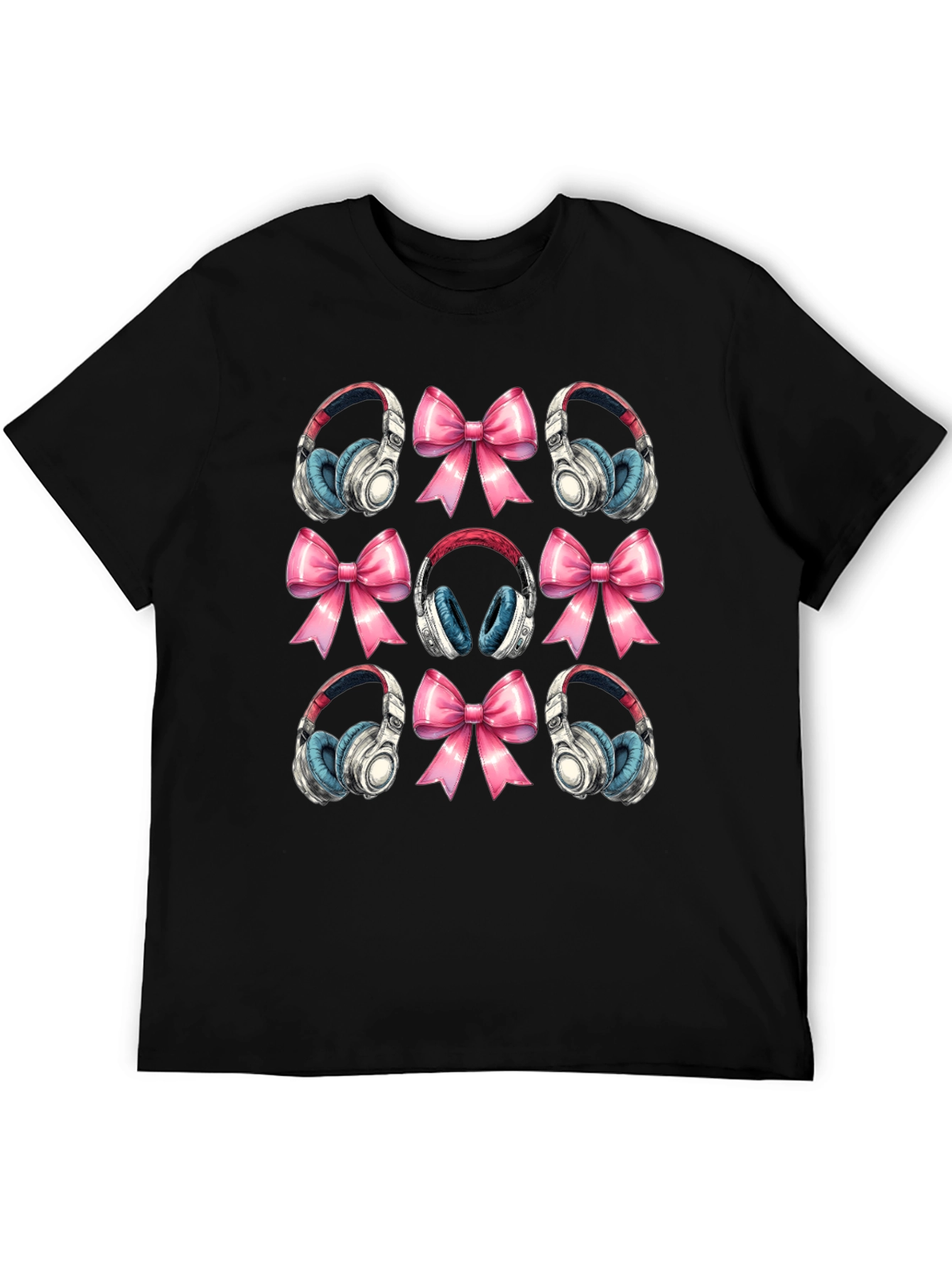 Black Headphones and Bows Pattern T-Shirt view 5